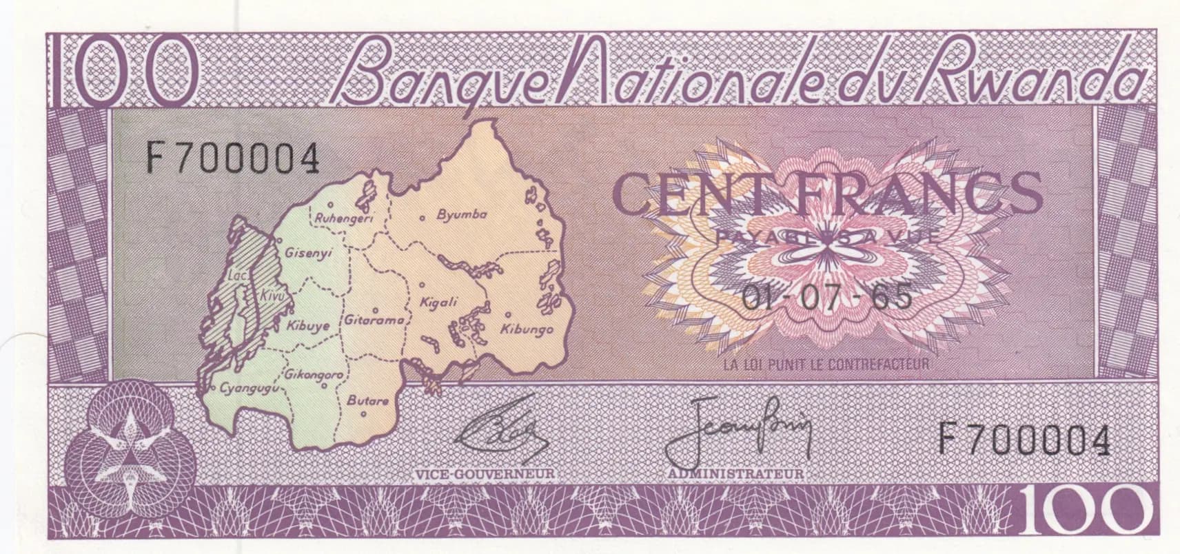 100 francs 1965 from Rwanda, P-8b