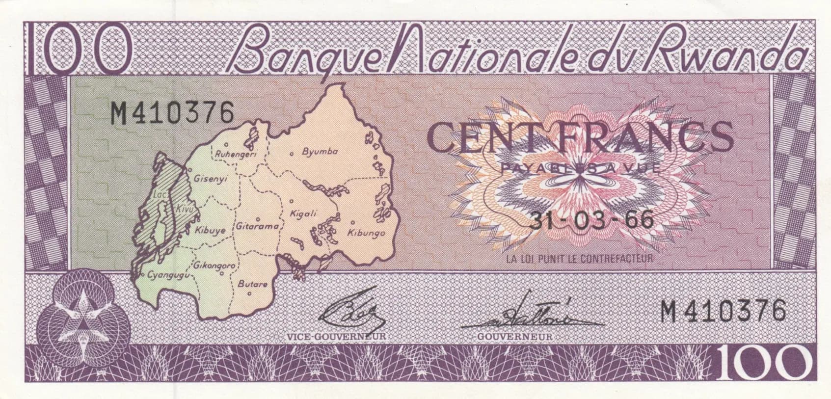 100 francs 1966 from Rwanda, P-8a