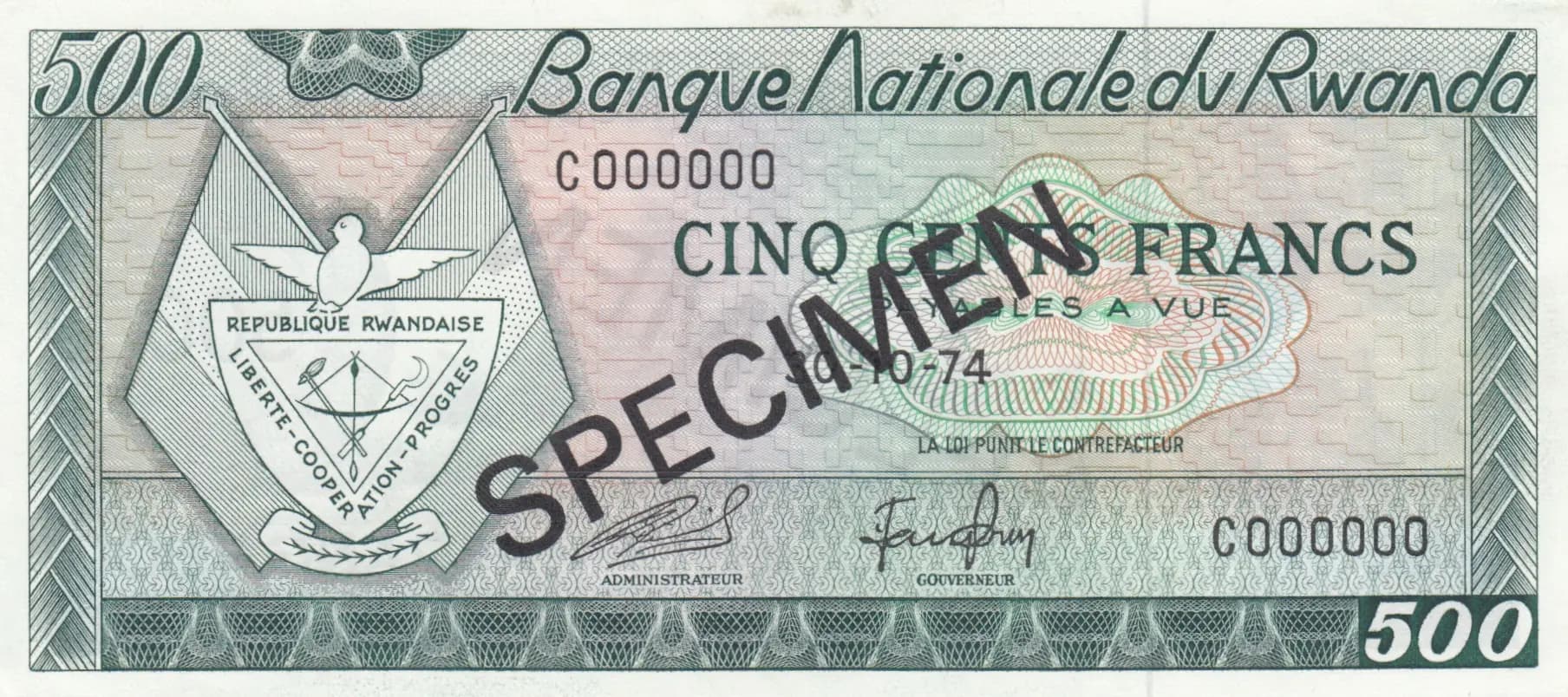 500 francs 1974 specimen from Rwanda, P-9bs (1974) — image 1