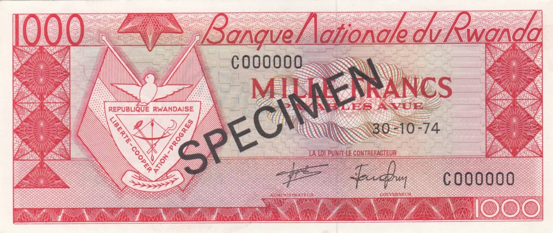 1000 francs 1974 specimen from Rwanda, P-10bs (1974) — image 1