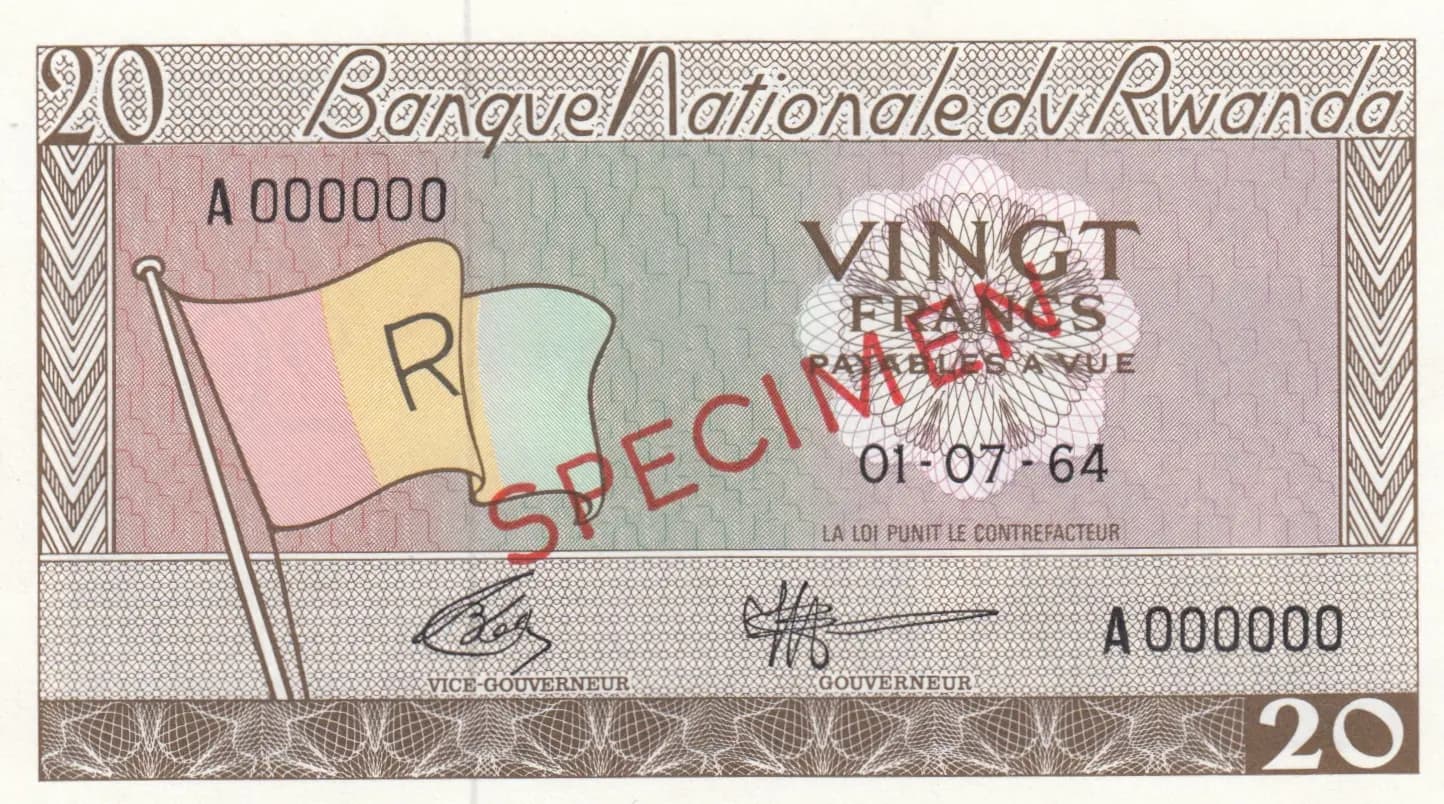 20 francs 1964 specimen from Rwanda, P-6as