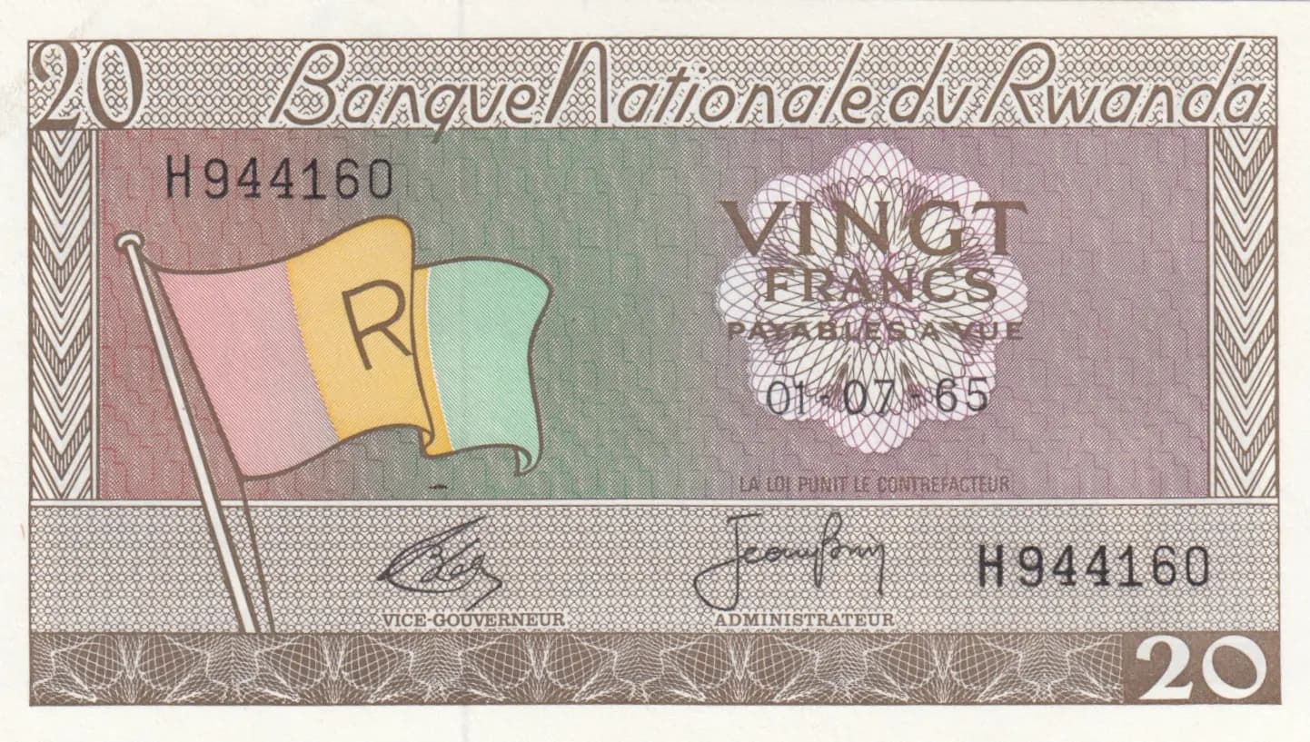 20 francs 1965 from Rwanda, P-6b