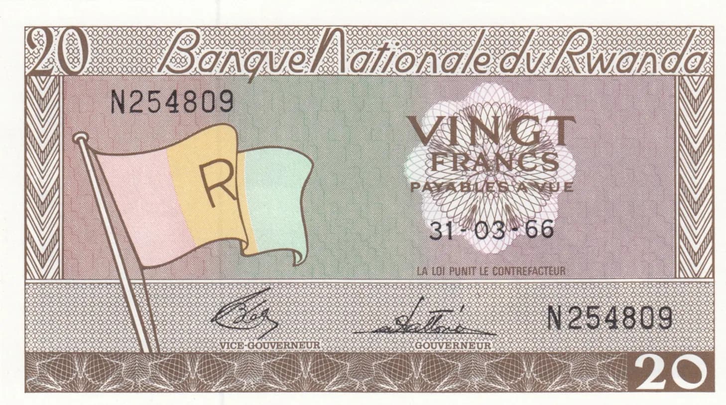 20 francs 1966 from Rwanda, P-6a