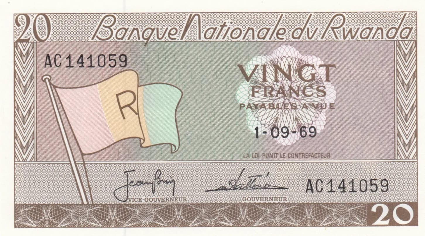 20 francs 1969 from Rwanda, P-6a