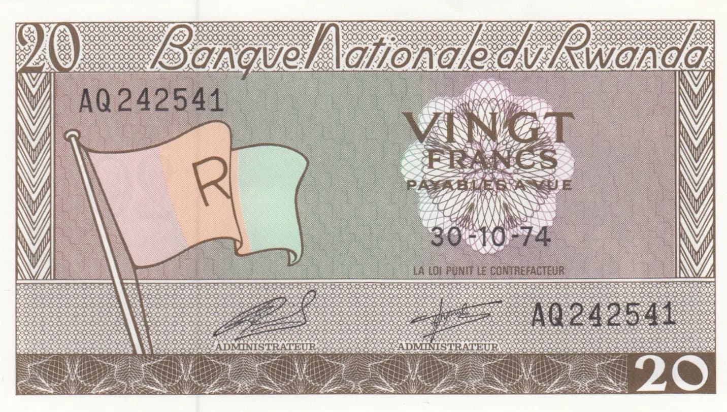 20 francs 1974 from Rwanda, P-6d (1974) — image 1