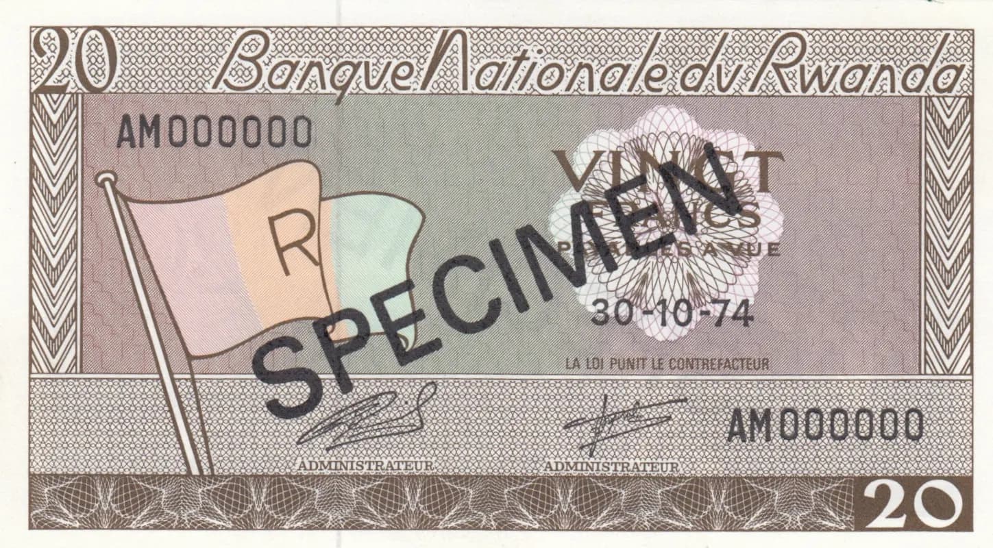 20 francs 1974 specimen from Rwanda, P-6ds (1974) — image 1