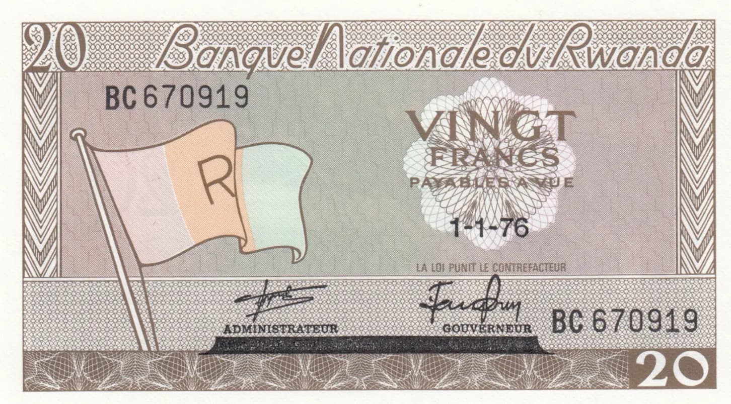 20 francs 1976 from Rwanda, P-6e (1976) — image 1