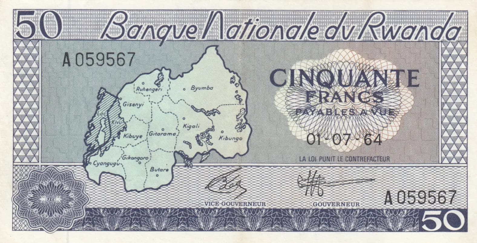 50 francs 1964 from Rwanda, P-7a