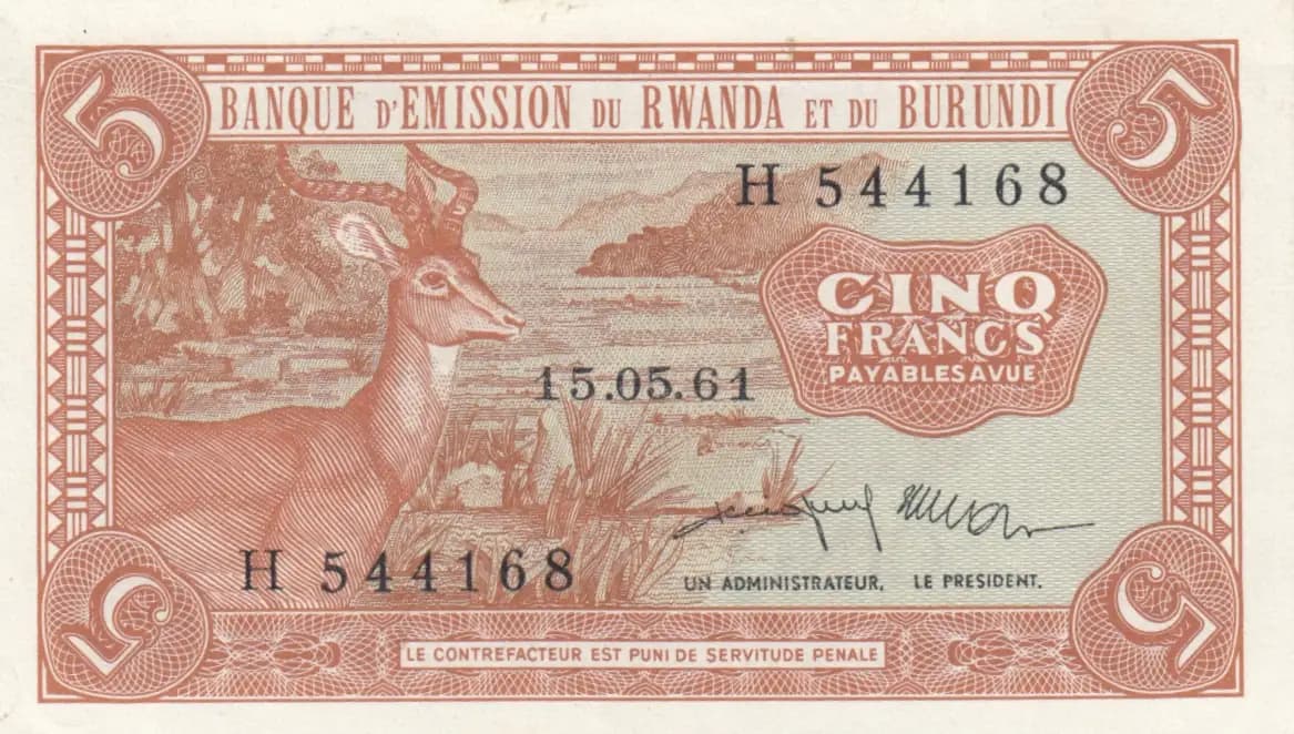 5 francs 1961 from Rwanda- Burundi, P-1a (1961) — image 1