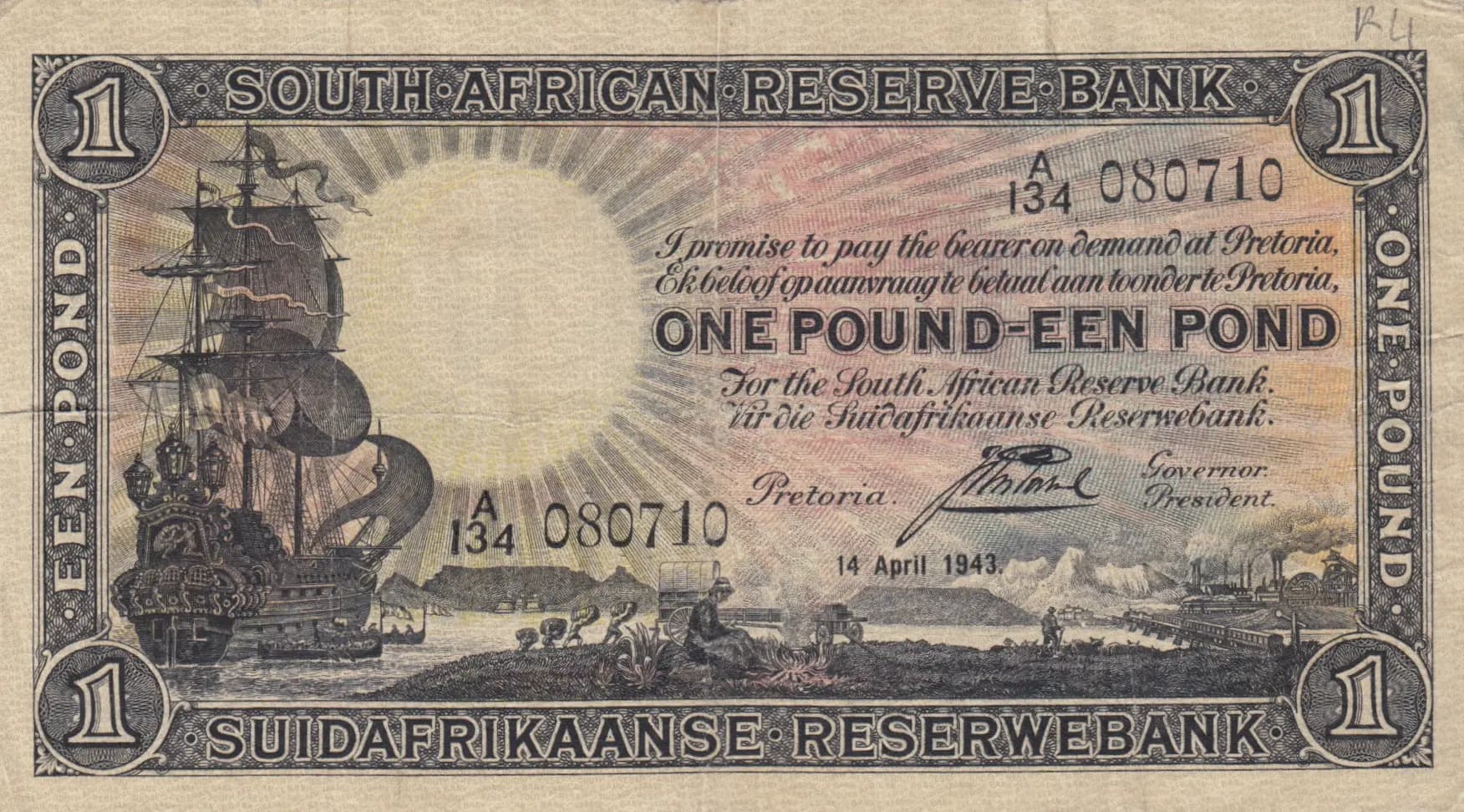 1 pound 1943 from South Africa, P-84e