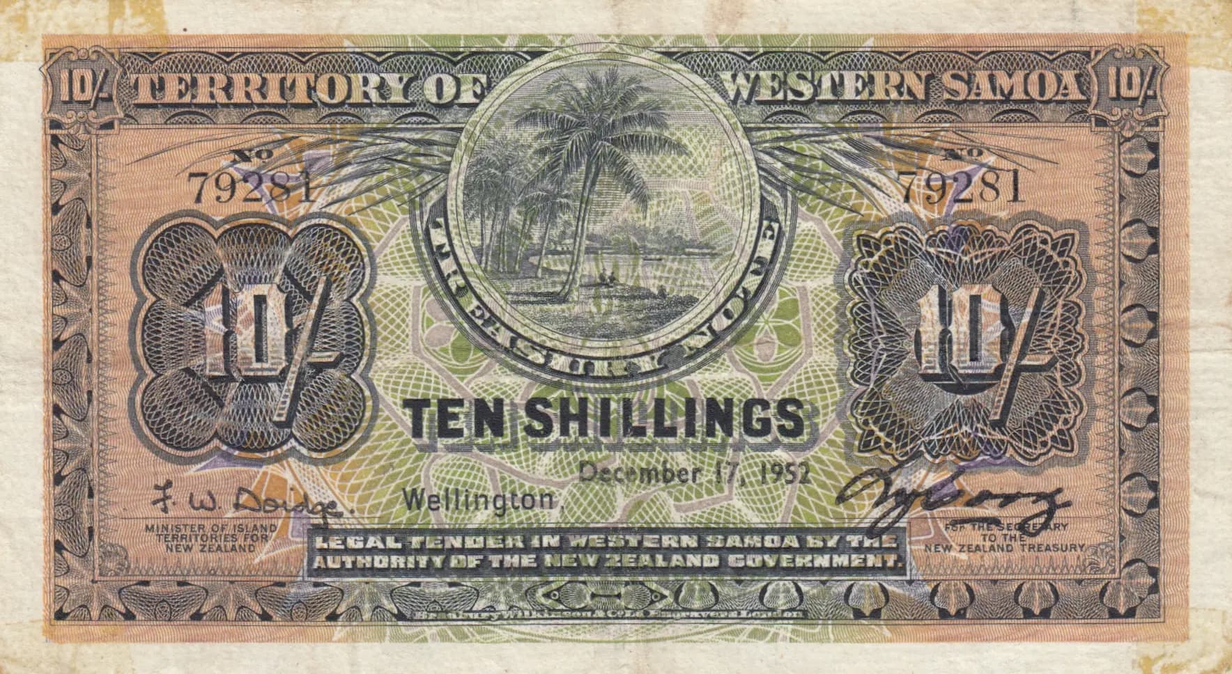 10 shillings 1952 from Western Samoa, P-7c