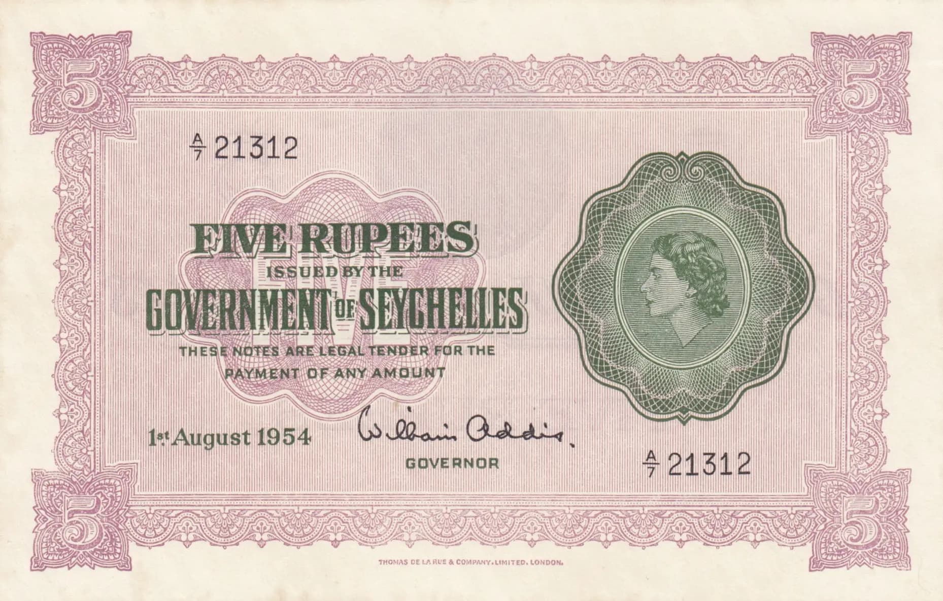 5 rupees 1954 radar from Seychelles , P-11a