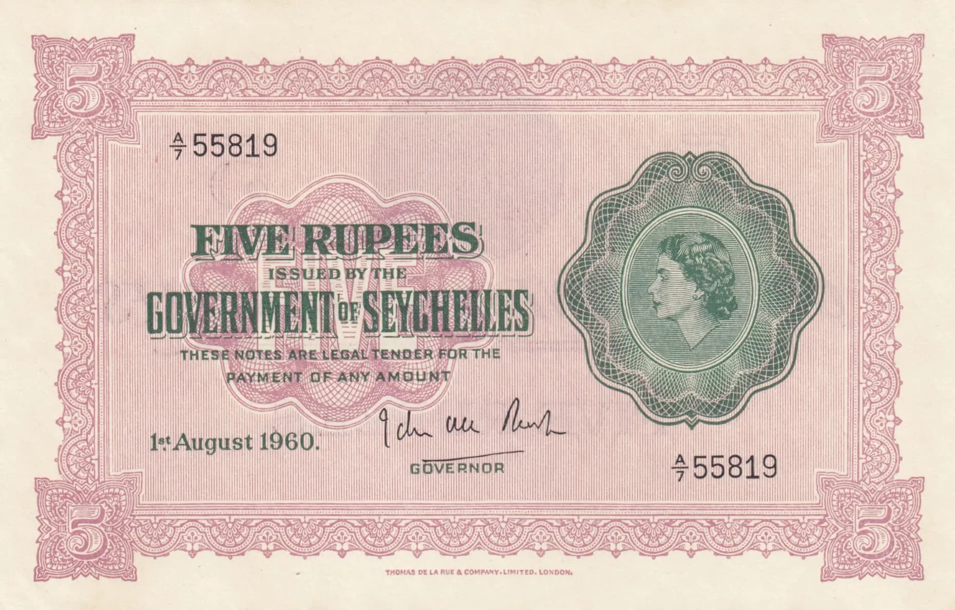 5 rupees 1960 from Seychelles , P-11b (1960) — image 1
