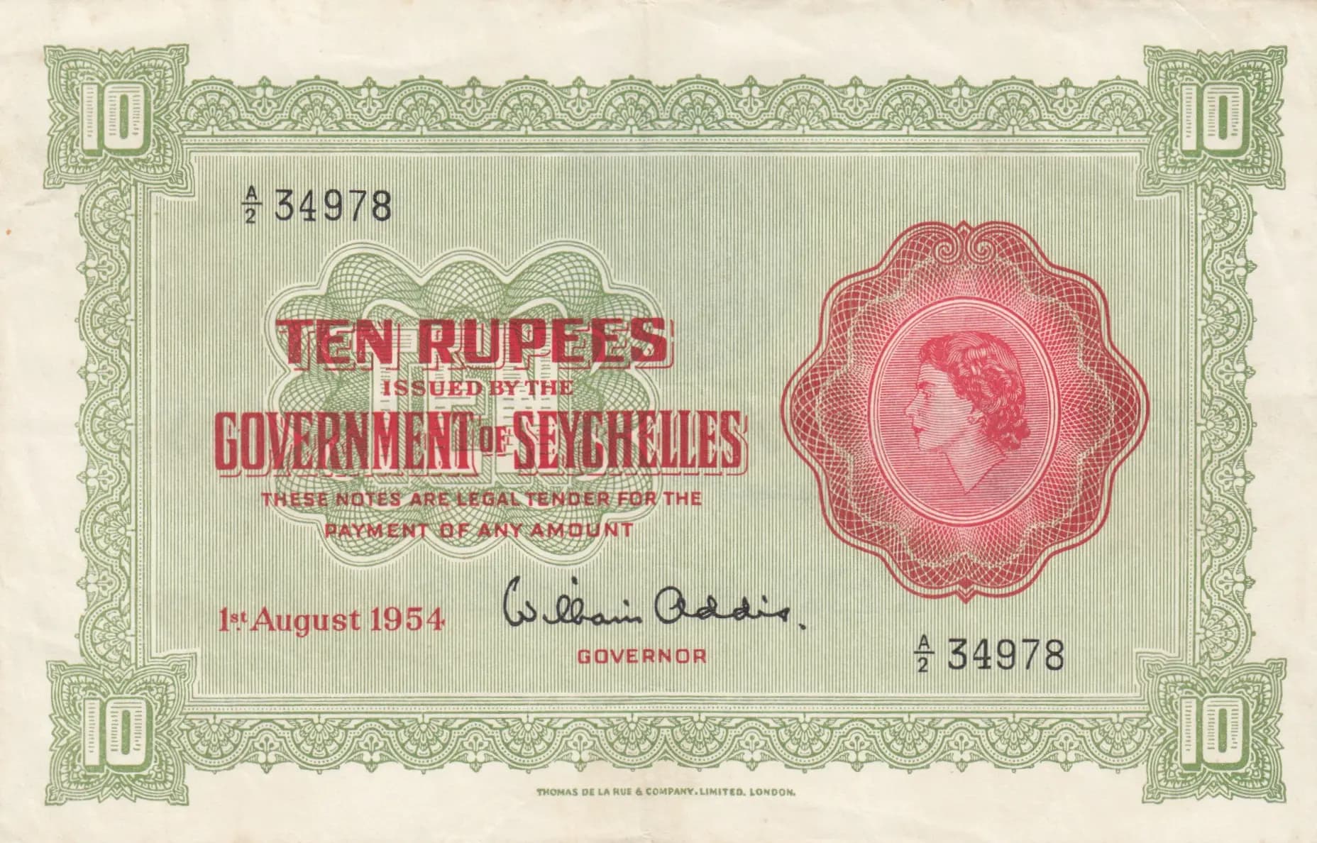 10 rupees 1954 from Seychelles , P-12a