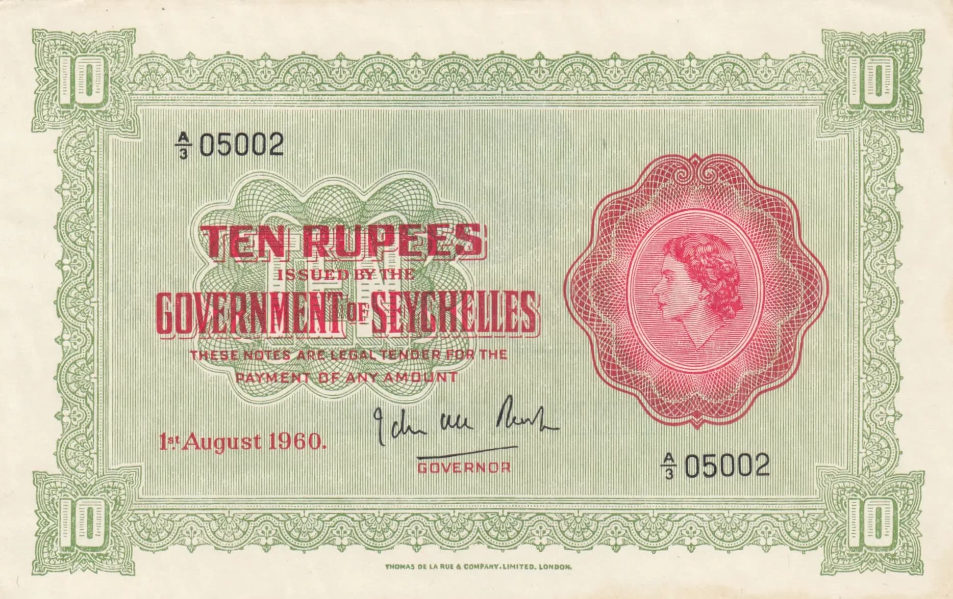 10 rupees 1960 from Seychelles , P-12b