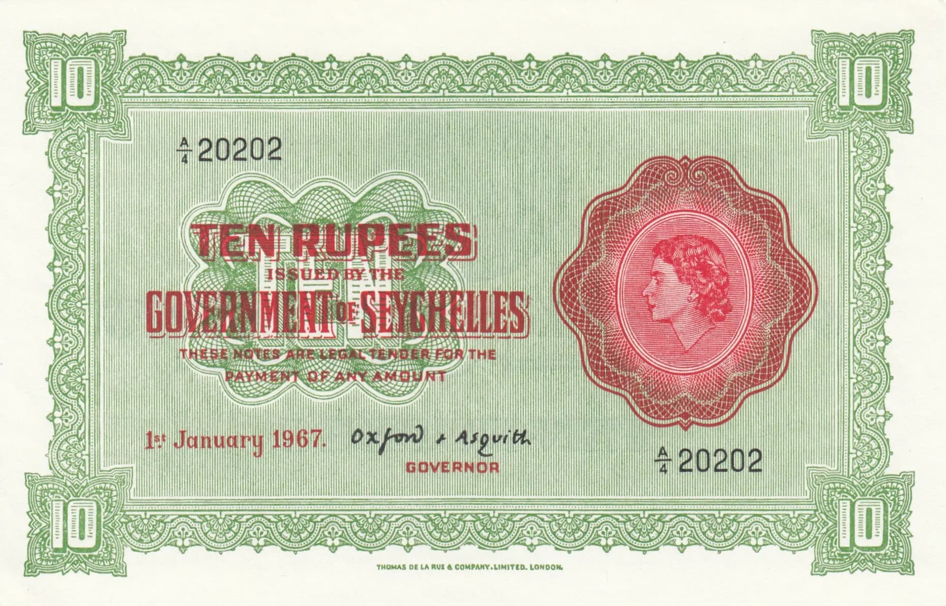 10 rupees 1967 from Seychelles , P-12d (1967) — image 1