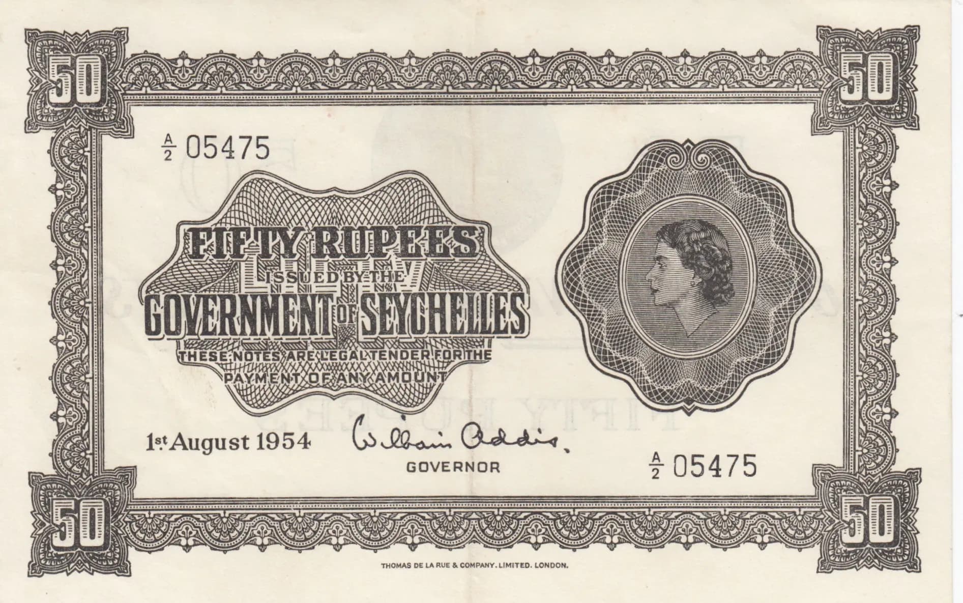 50 rupees 1954 from Seychelles , P-13a
