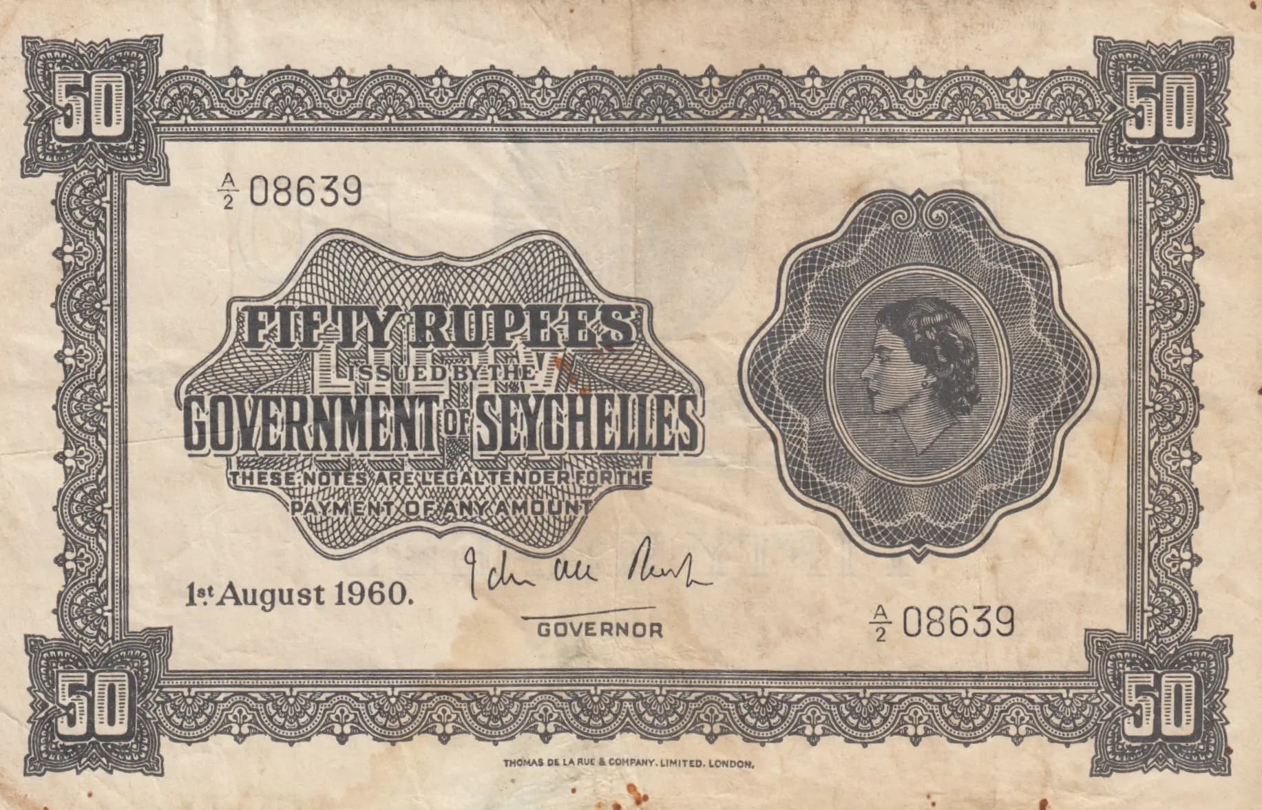 50 rupees 1960 from Seychelles , P-13b