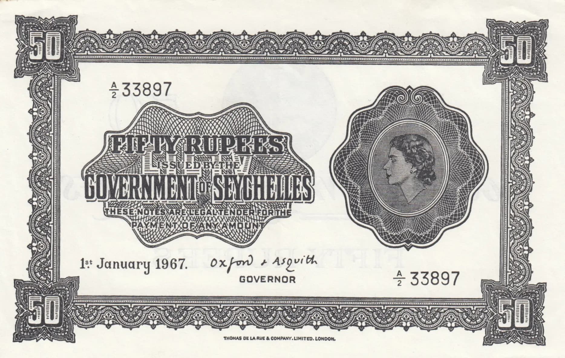 50 rupees 1967 from Seychelles , P-13d (1967) — image 1
