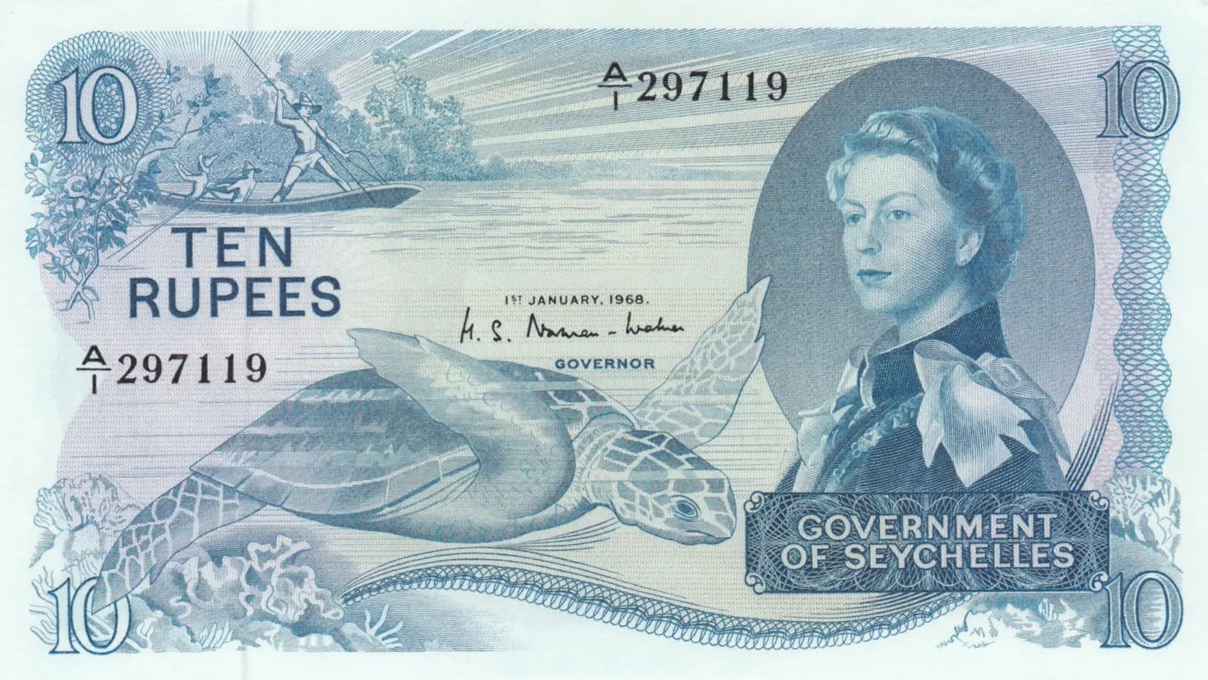 10 rupees 1968 from Seychelles , P-15a
