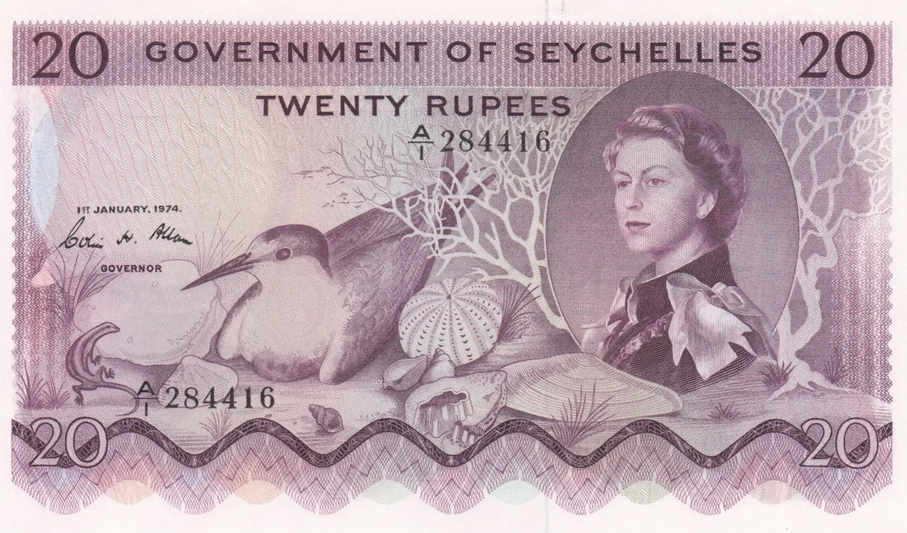 20 rupees 1974 from Seychelles , P-16c (1974) — image 1