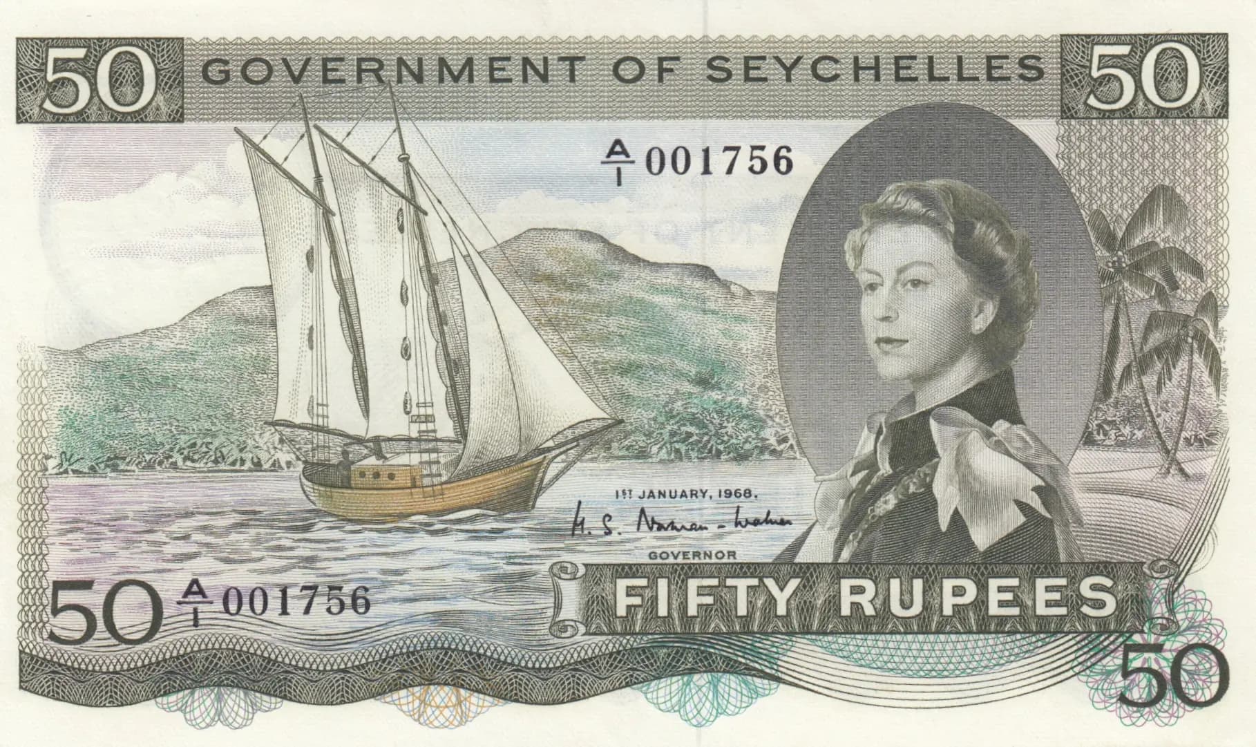 50 rupees 1968 from Seychelles , P-17a