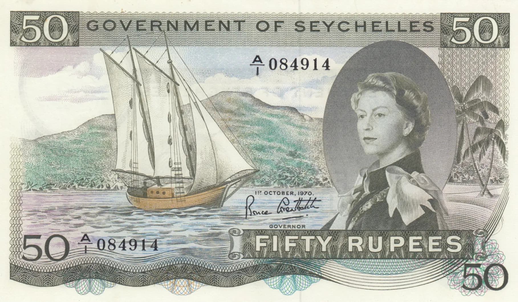 50 rupees 1970 from Seychelles , P-17c