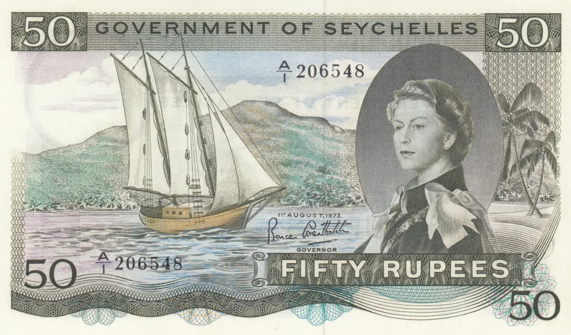 50 rupees 1973 from Seychelles , P-17e