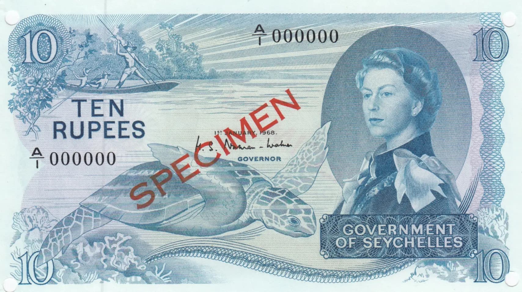 10 rupees 1968 specimen from Seychelles , P-15s (1968) — image 1