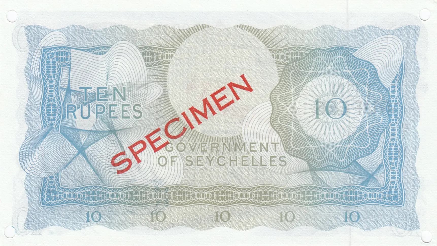 10 rupees 1968 specimen from Seychelles , P-15s (1968) — image 2