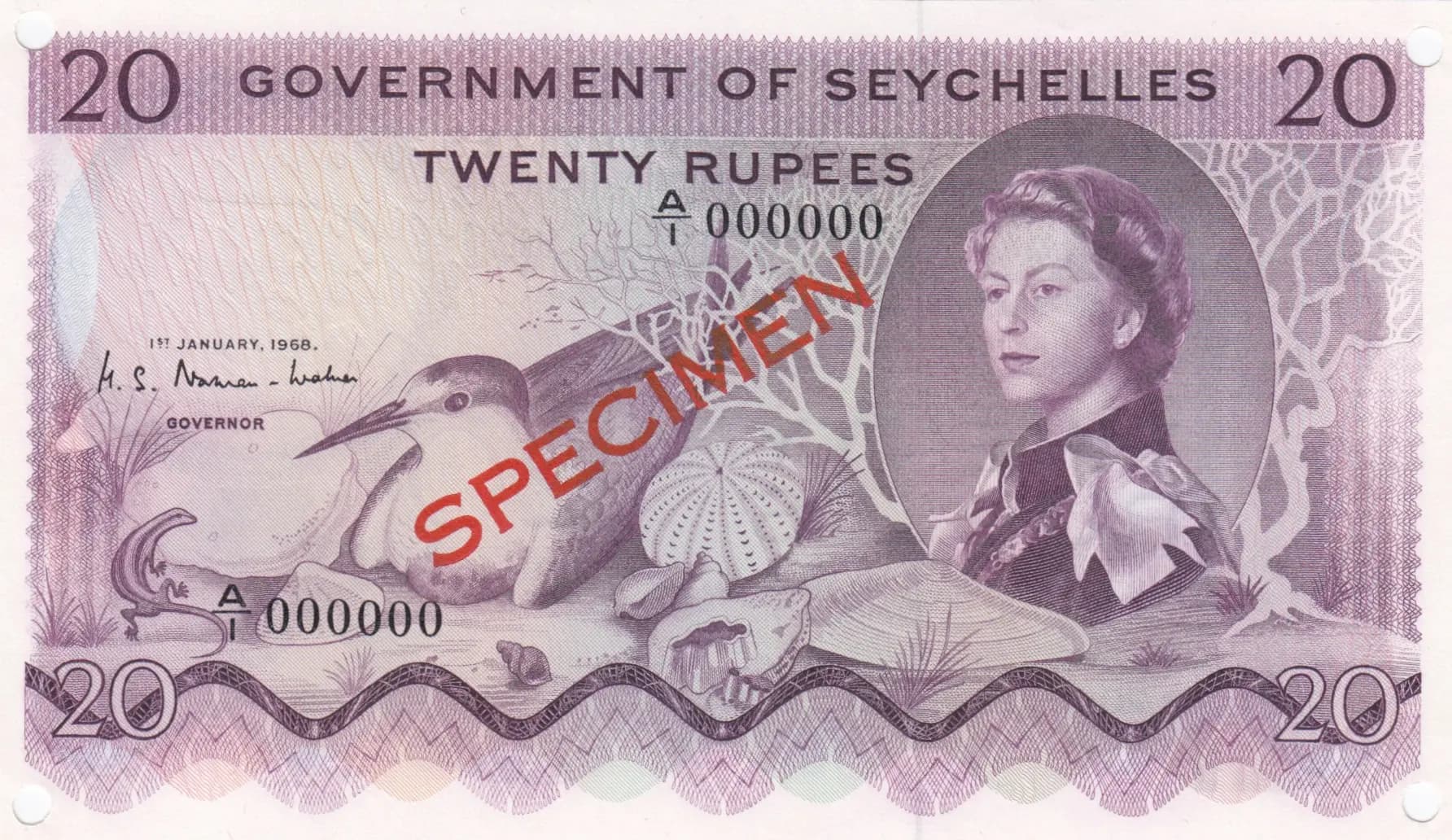 20 rupees 1968 specimen from Seychelles , P-16s
