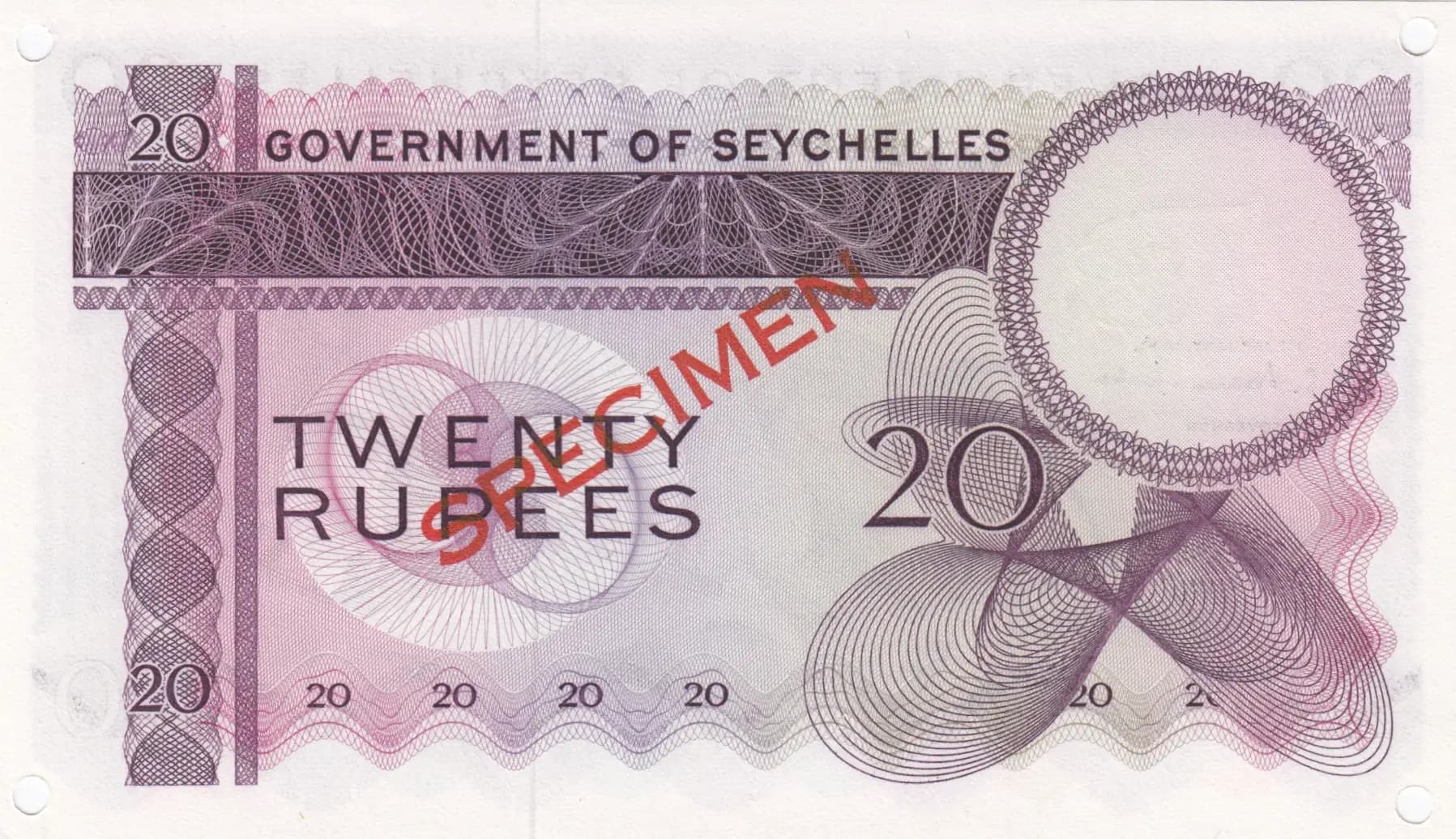 20 rupees 1968 specimen from Seychelles , P-16s (1968) — image 2