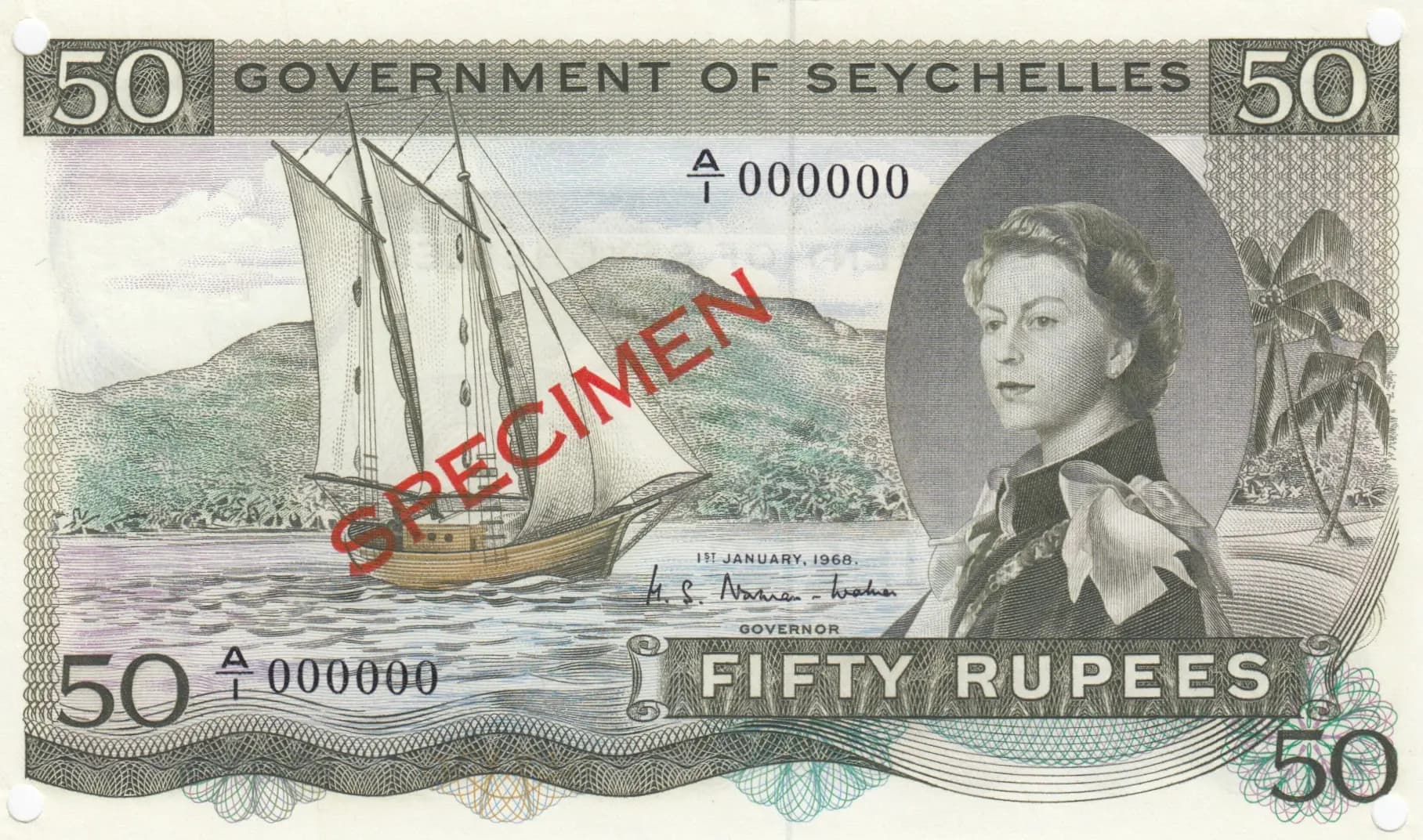 50 rupees 1968 specimen from Seychelles , P-17s (1968) — image 1