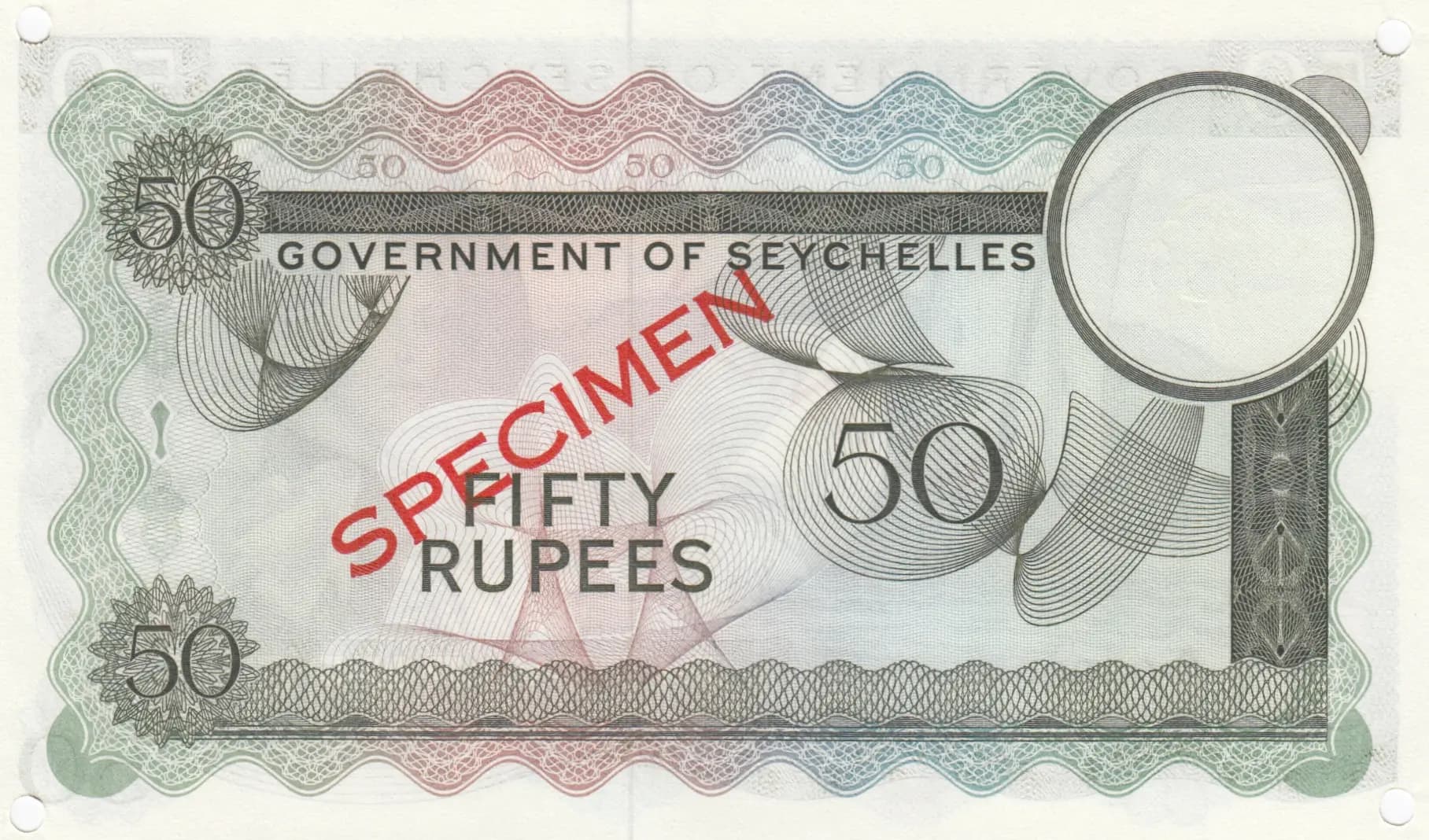 50 rupees 1968 specimen from Seychelles , P-17s (1968) — image 2