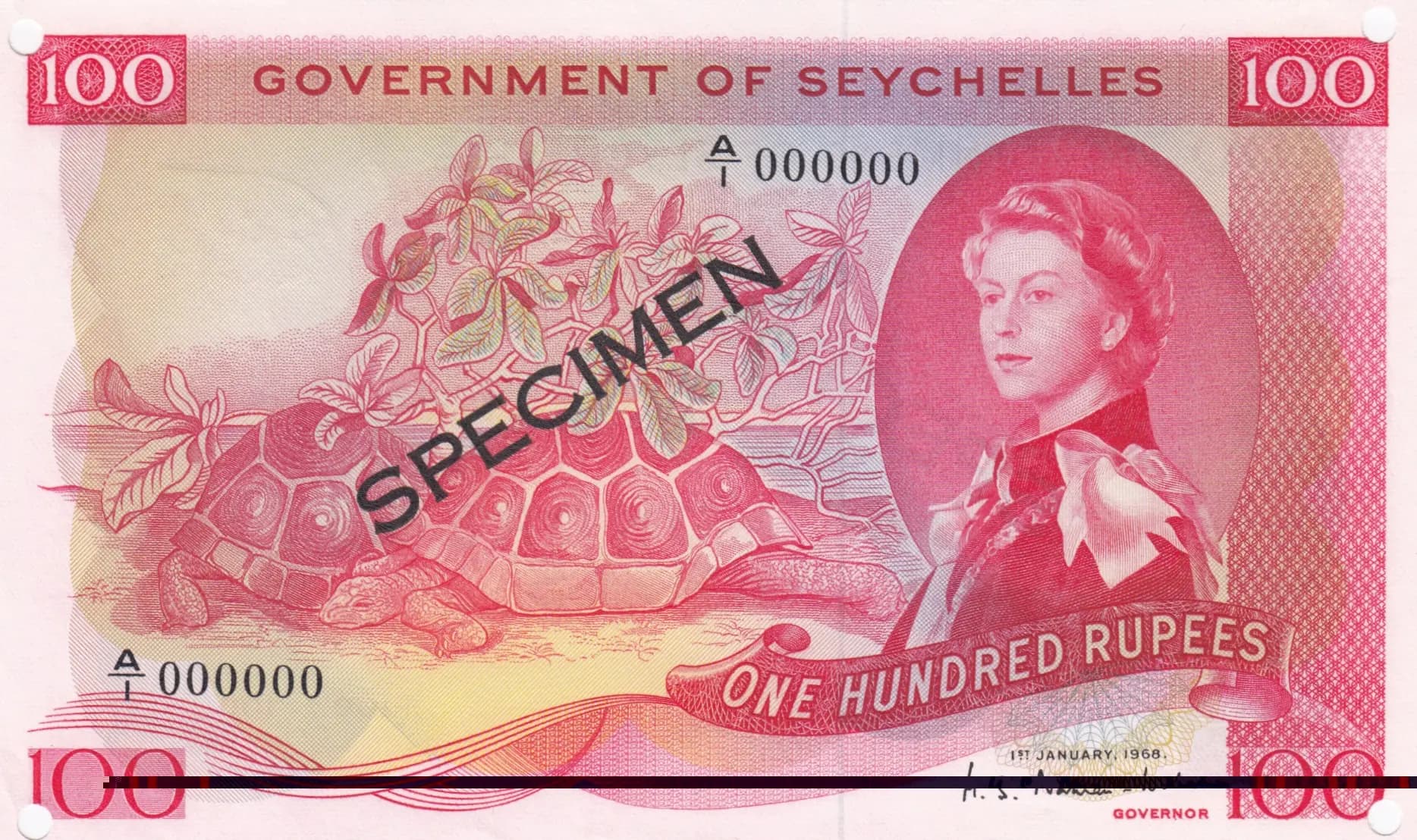 100 rupees 1968 specimen from Seychelles , P-18s (1968) — image 1