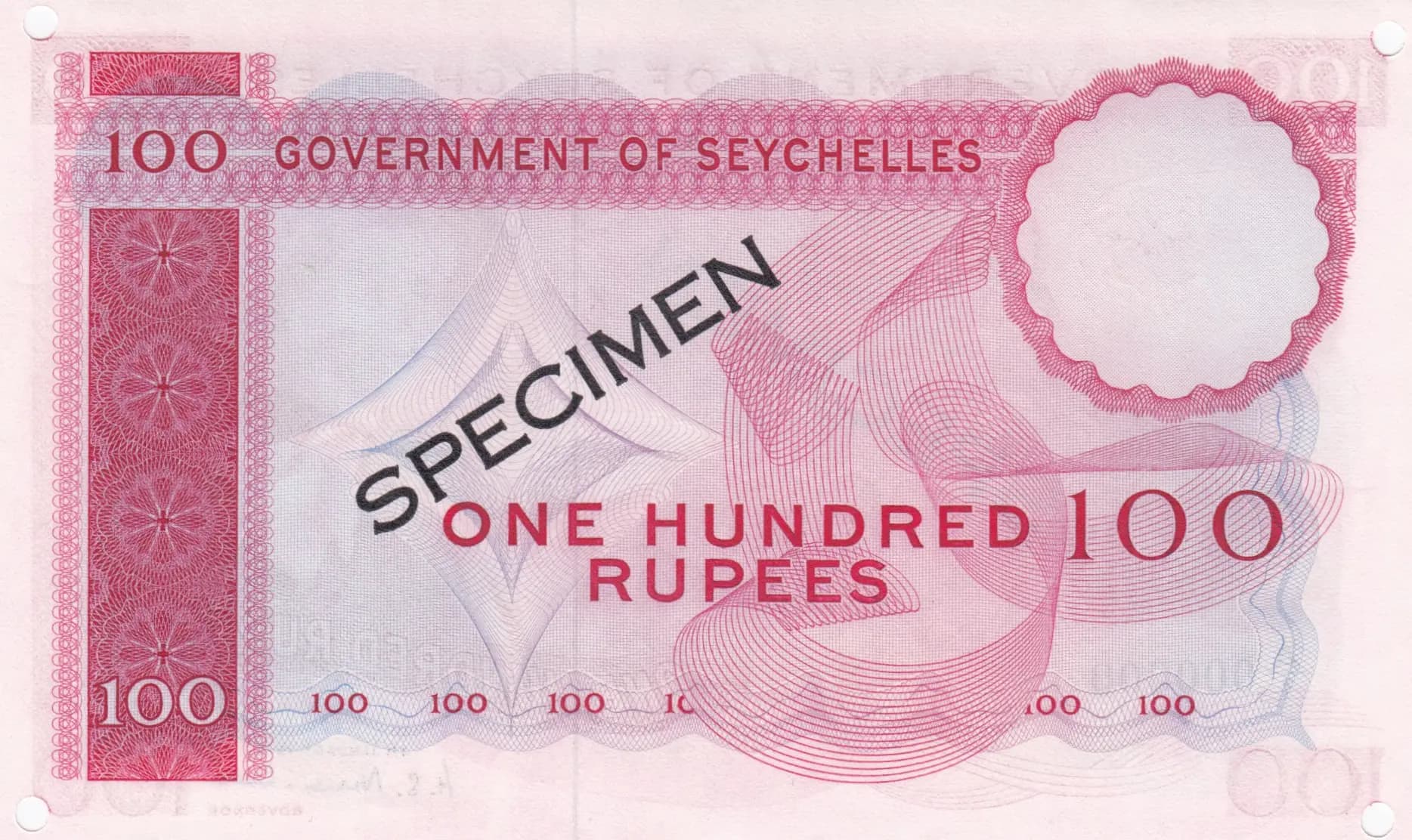 100 rupees 1968 specimen from Seychelles , P-18s (1968) — image 2