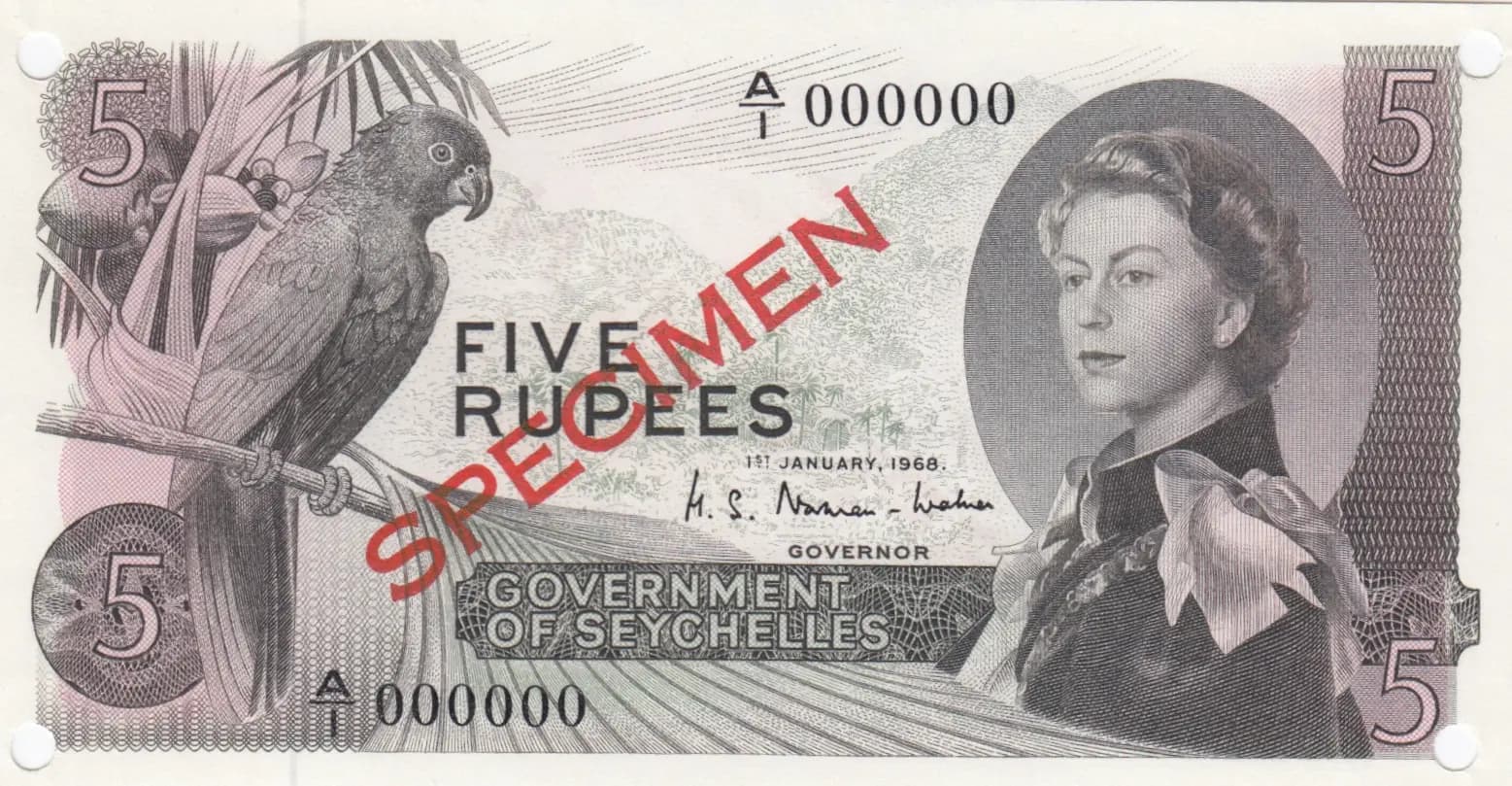 5 rupees 1968 specimen from Seychelles , P-14s (1968) — image 1