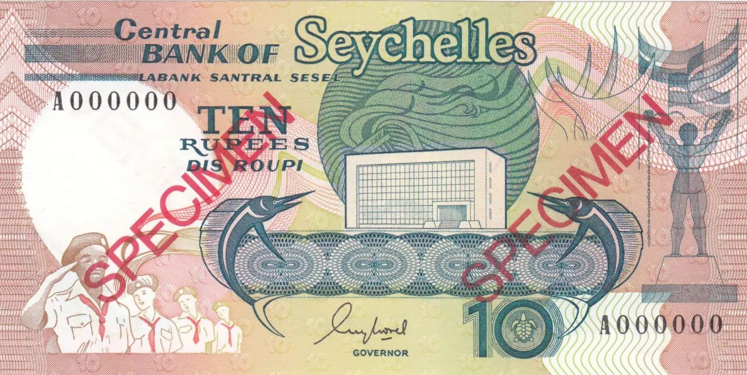 10 rupees 1989 specimen from Seychelles , P-32s