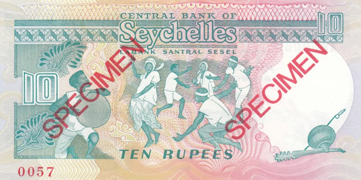 10 rupees 1989 specimen from Seychelles , P-32s (1989) — image 2