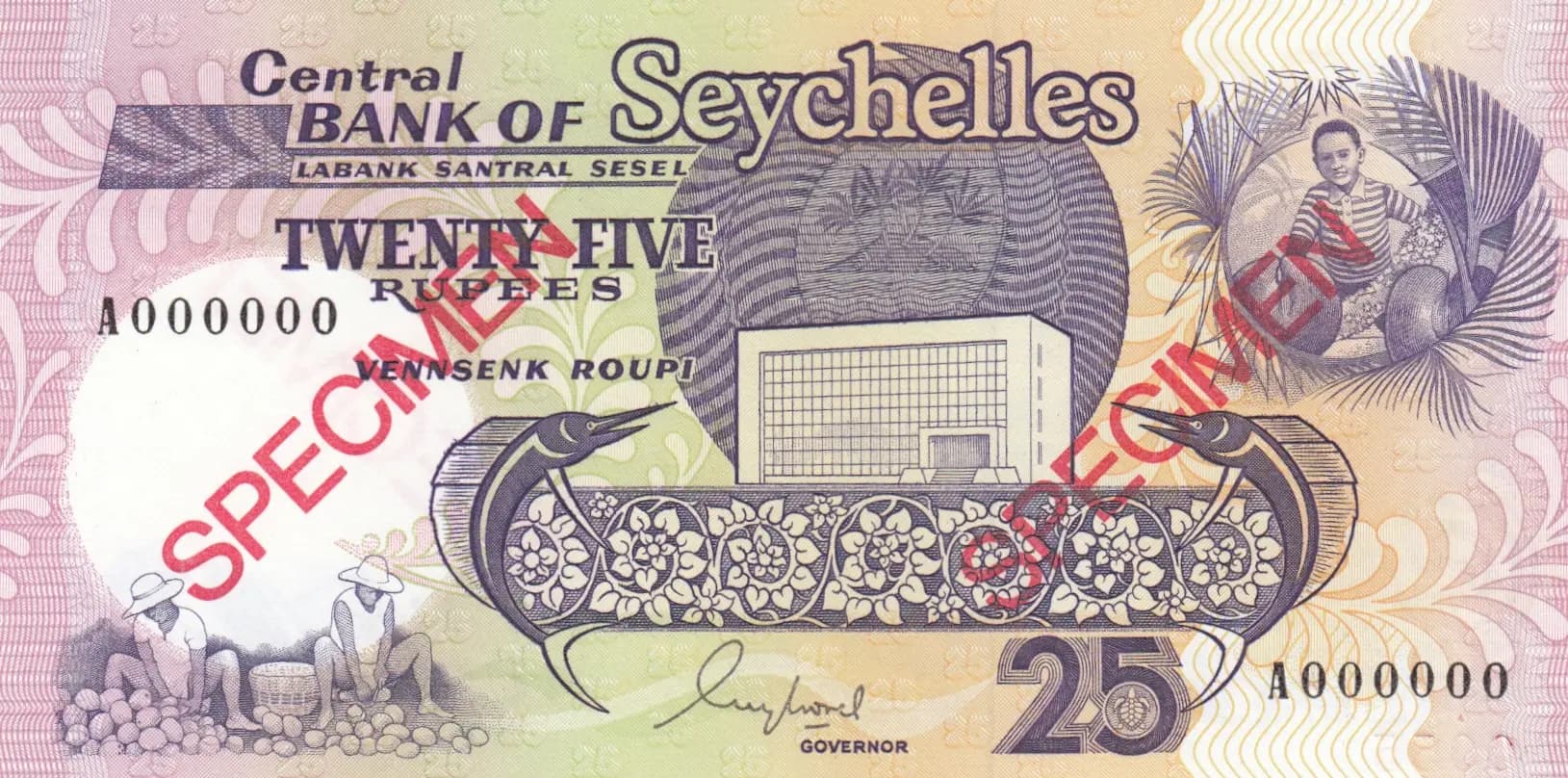 25 rupees 1989 specimen from Seychelles , P-33s