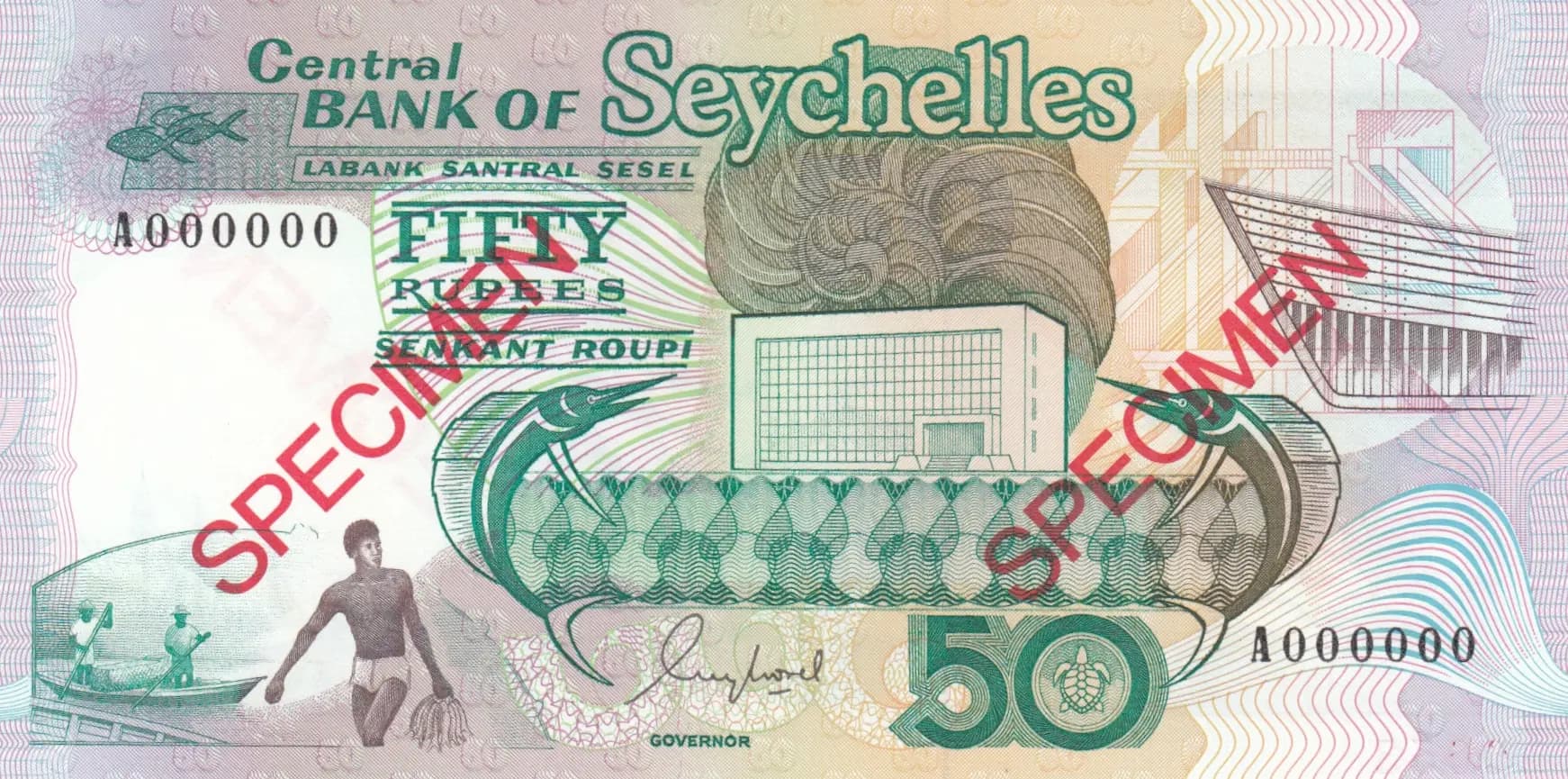 50 rupees 1989 specimen from Seychelles , P-34s