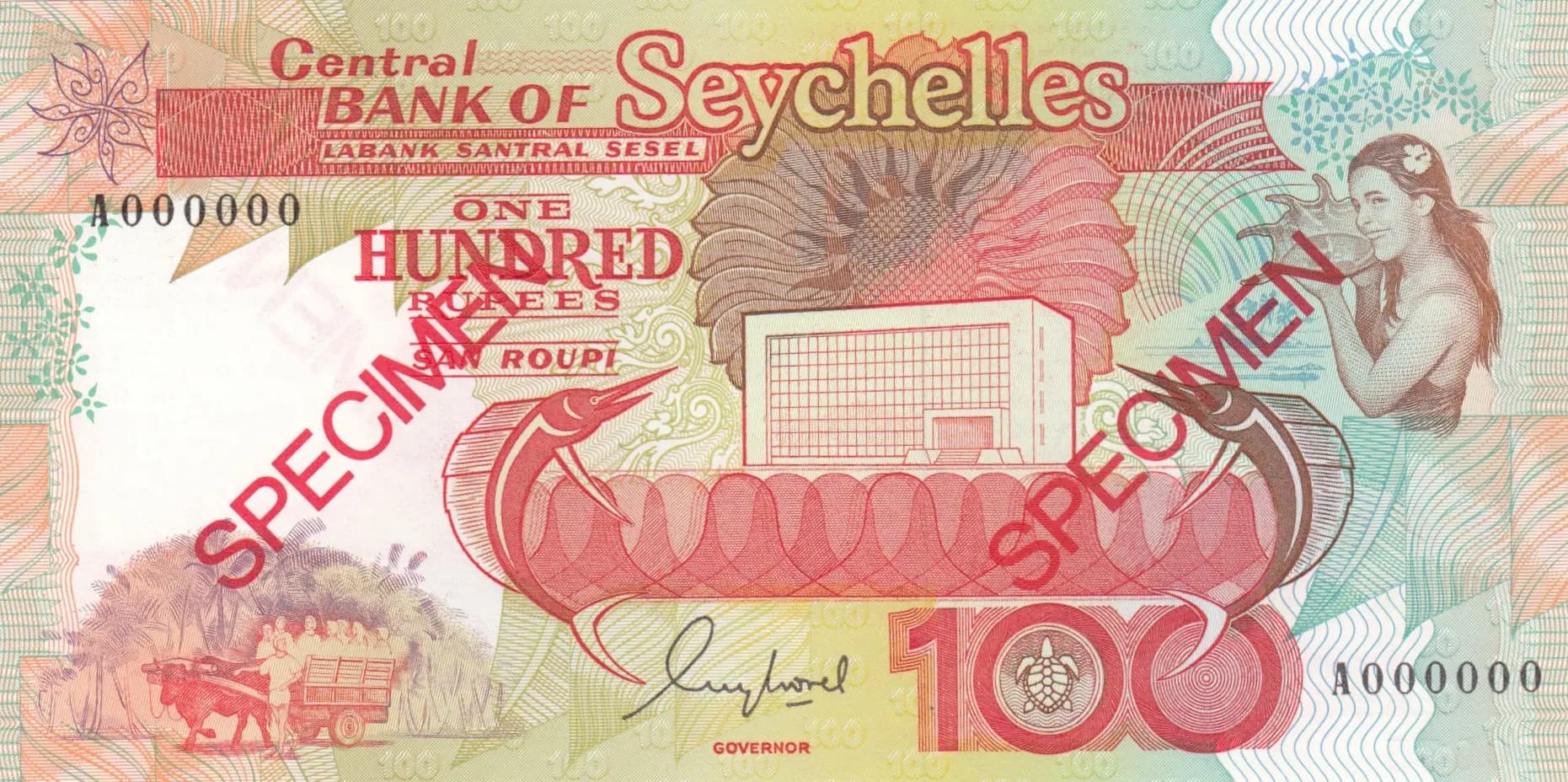 100 rupees 1989 specimen from Seychelles , P-35s