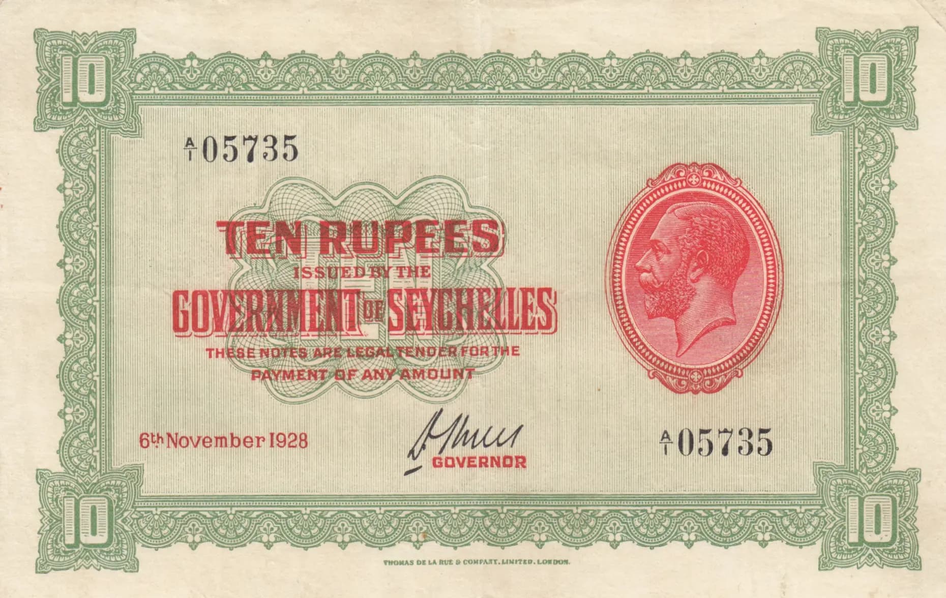 10 rupees 1928 from Seychelles , P-4a