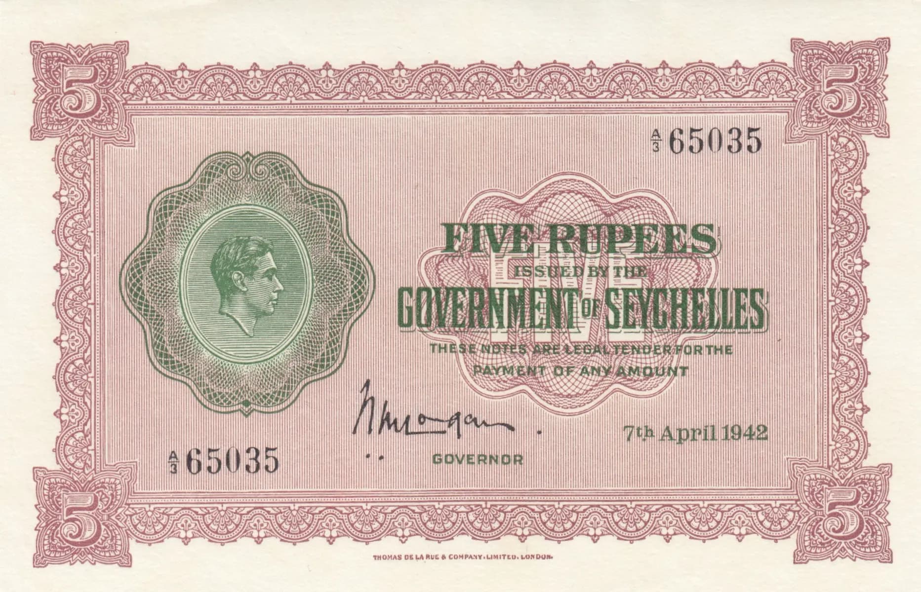 5 rupees 1942 from Seychelles , P-8 (1942) — image 1