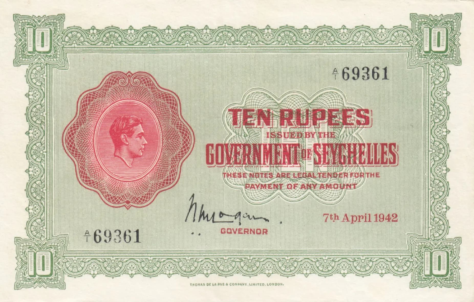10 rupees 1942 from Seychelles , P-9 (1942) — image 1