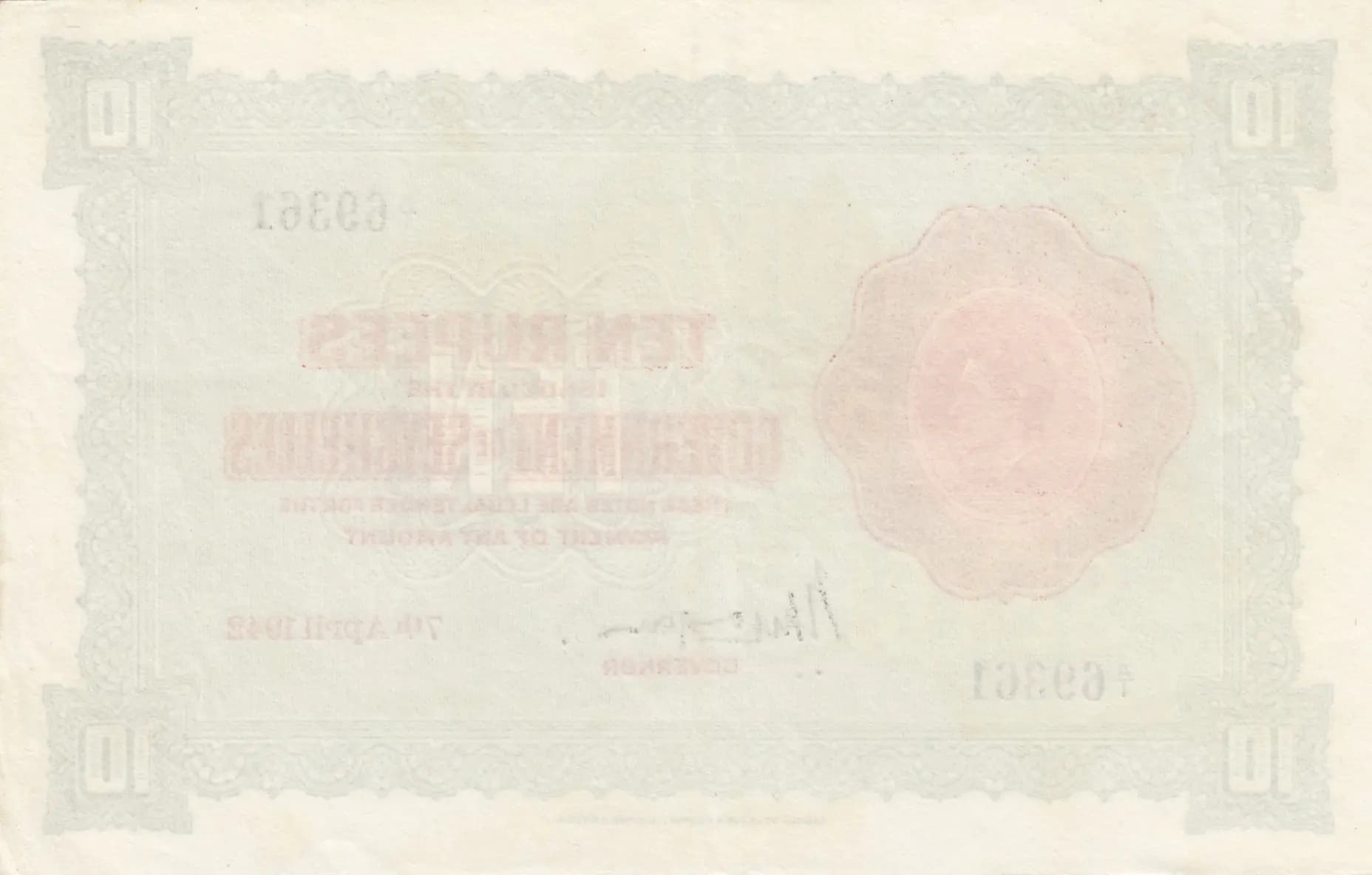 10 rupees 1942 from Seychelles , P-9 (1942) — image 2