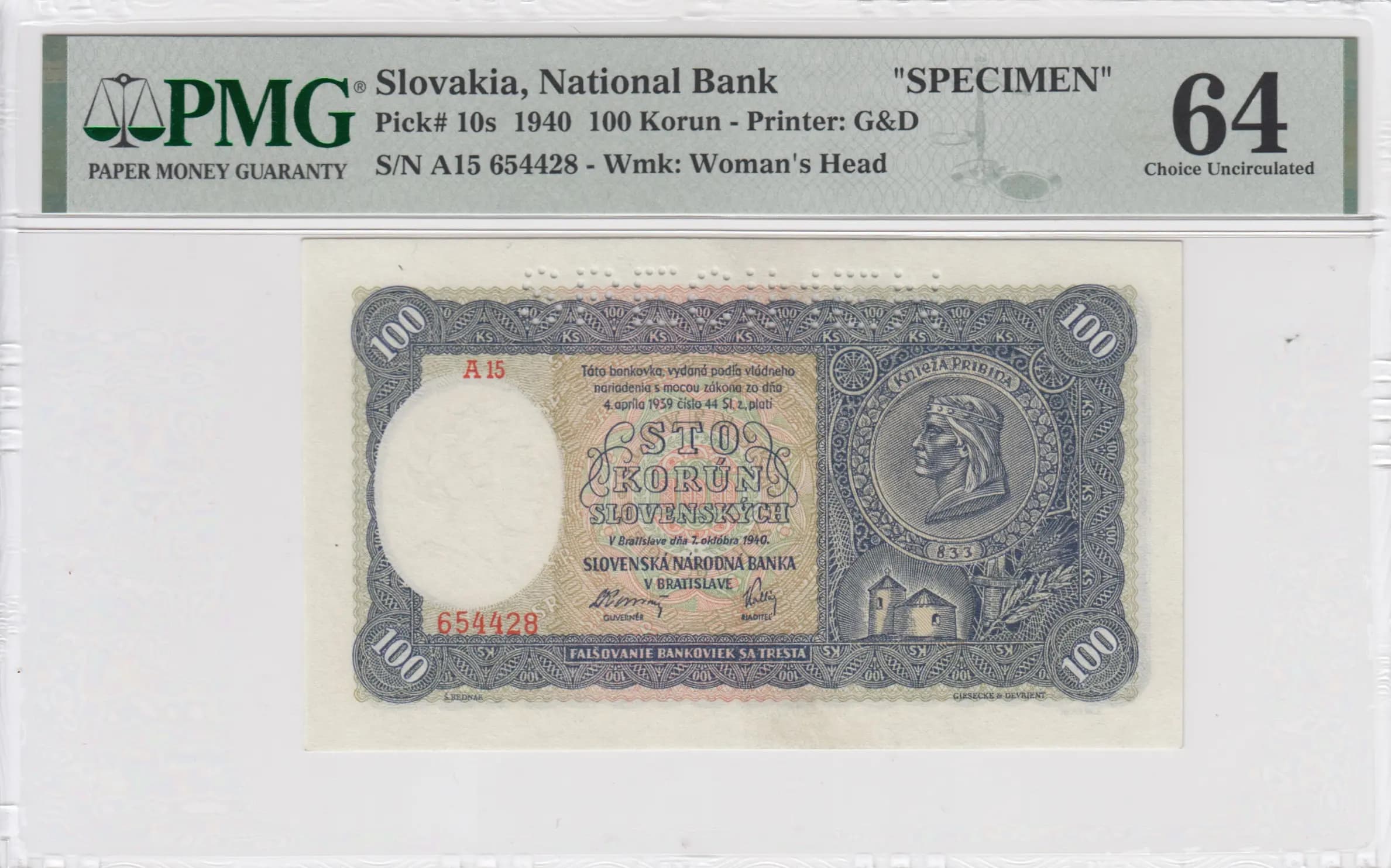 100 korun 1940 specimen from Slovakia, P-10s