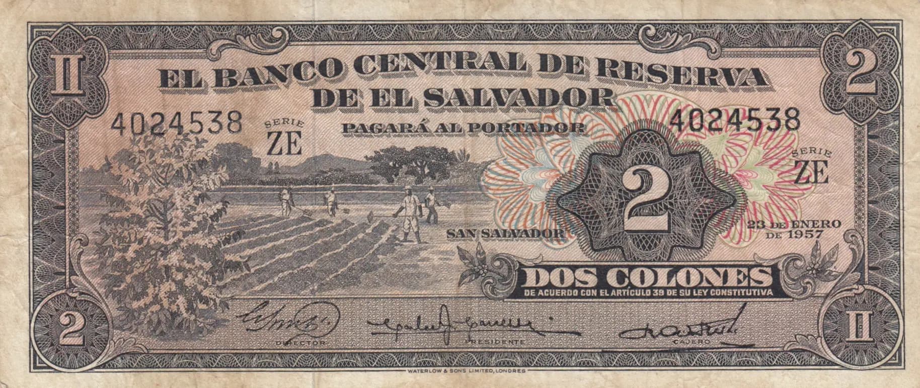2 colones 1957 from El Salvador, P-91b (1957) — image 1