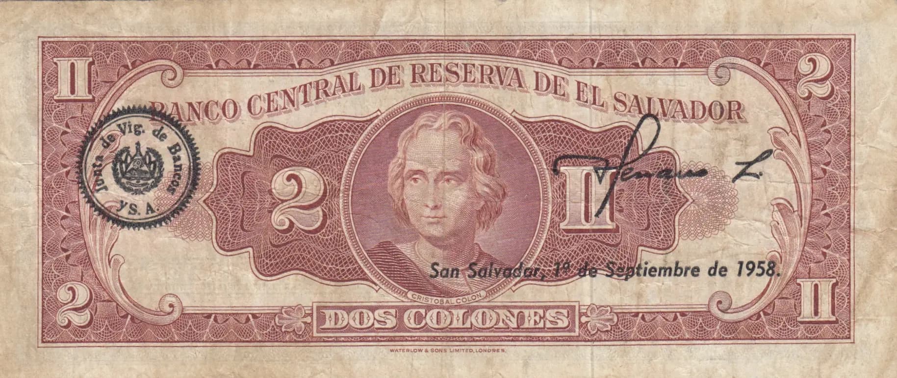 2 colones 1957 from El Salvador, P-91b (1957) — image 2