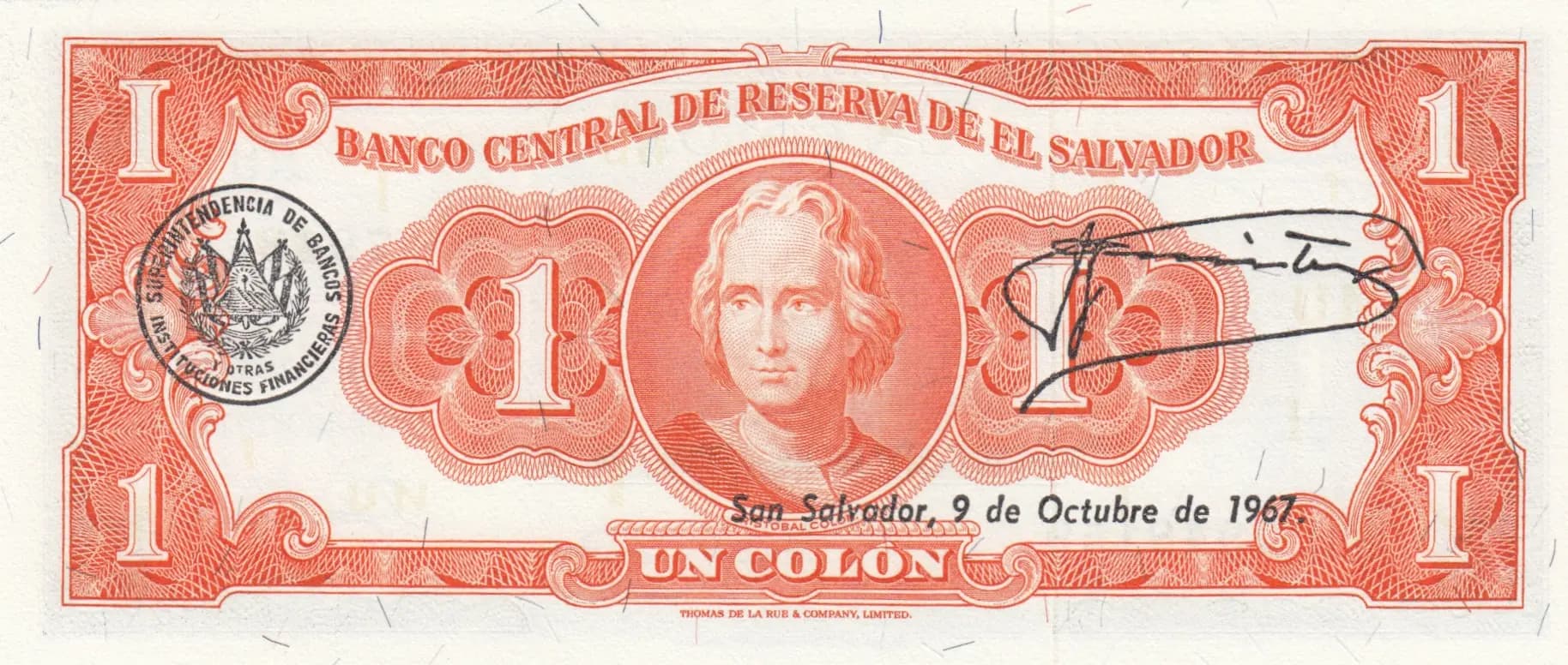 1 colon 1966 from El Salvador, P-100 (1966) — image 2